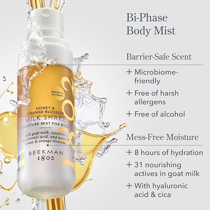 Beekman 1802 Honey & Orange Blossom Milk Shake - Body Mist - 4.7 fl. oz - With Hyaluronic Acid & Jojoba Oil - Instantly Moisturizes, Hydrates & Softens - Good for Sensitive Skin - Cruelty Free