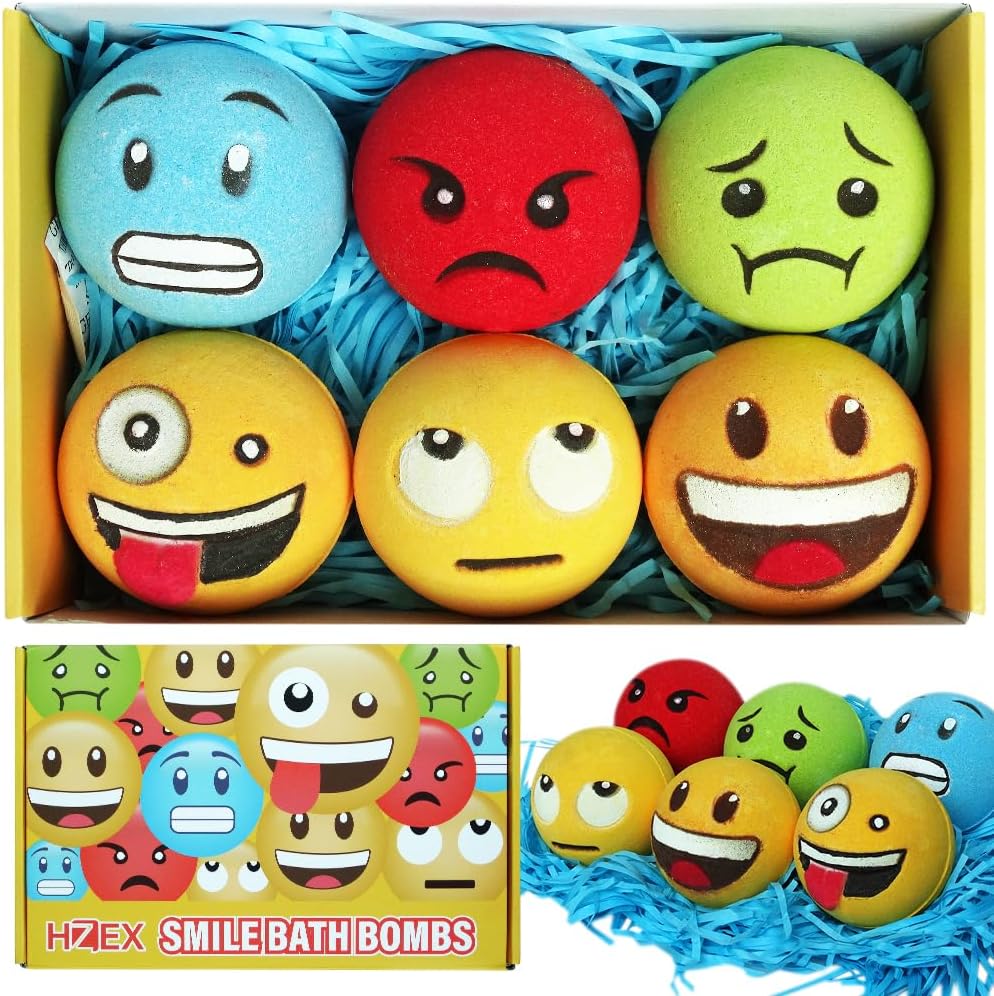 Large Emotion Face Bath Bombs Set of 6 – Fun Emoji-Inspired Spa Fizzies – Handmade with Shea Butter, Cocoa Butter & Essential Oils – Moisturizing Gift Set for Women, Men & Kids
