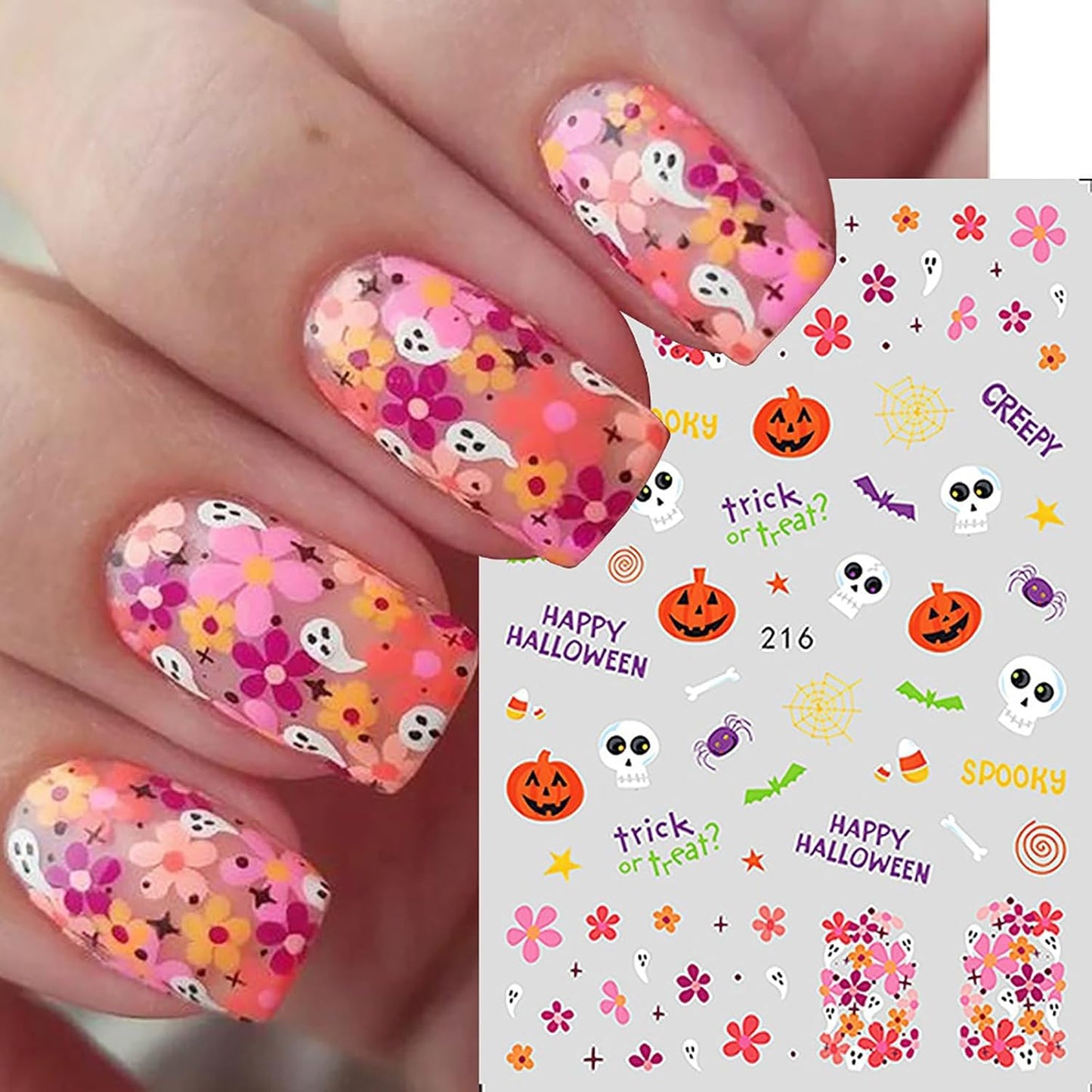 Halloween Nail Art Stickers 8 Sheets Cute Little Ghost Skull Pumpkin Floral Nail Art Self-Adhesive DIY Nail Decal Stickers Nail Fall Decoration Thanksgiving Nail Supplies for Women Girls Kids
