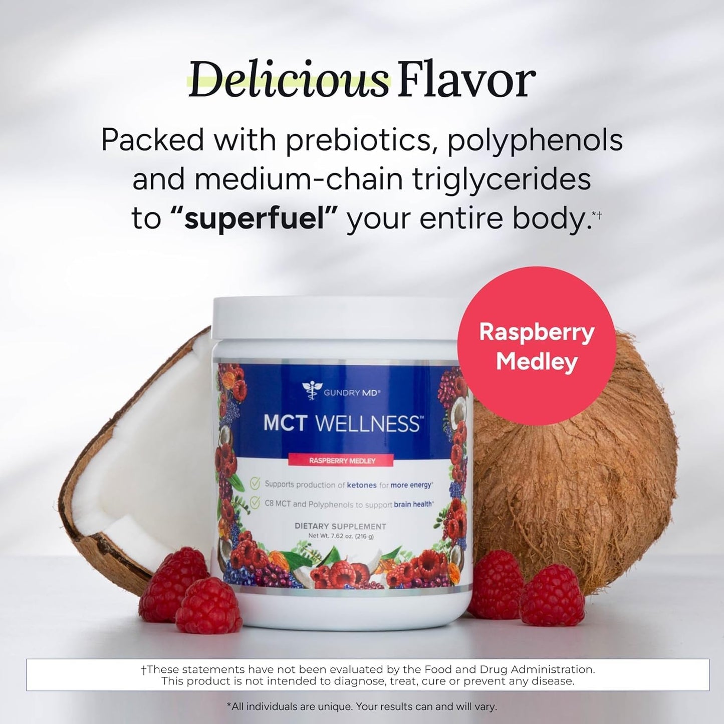 Gundry MD MCT Wellness Powder to Support Energy, Ketone Production and Brain Health, Keto Friendly, Sugar Free (90 Day Supply, Raspberry Medley)