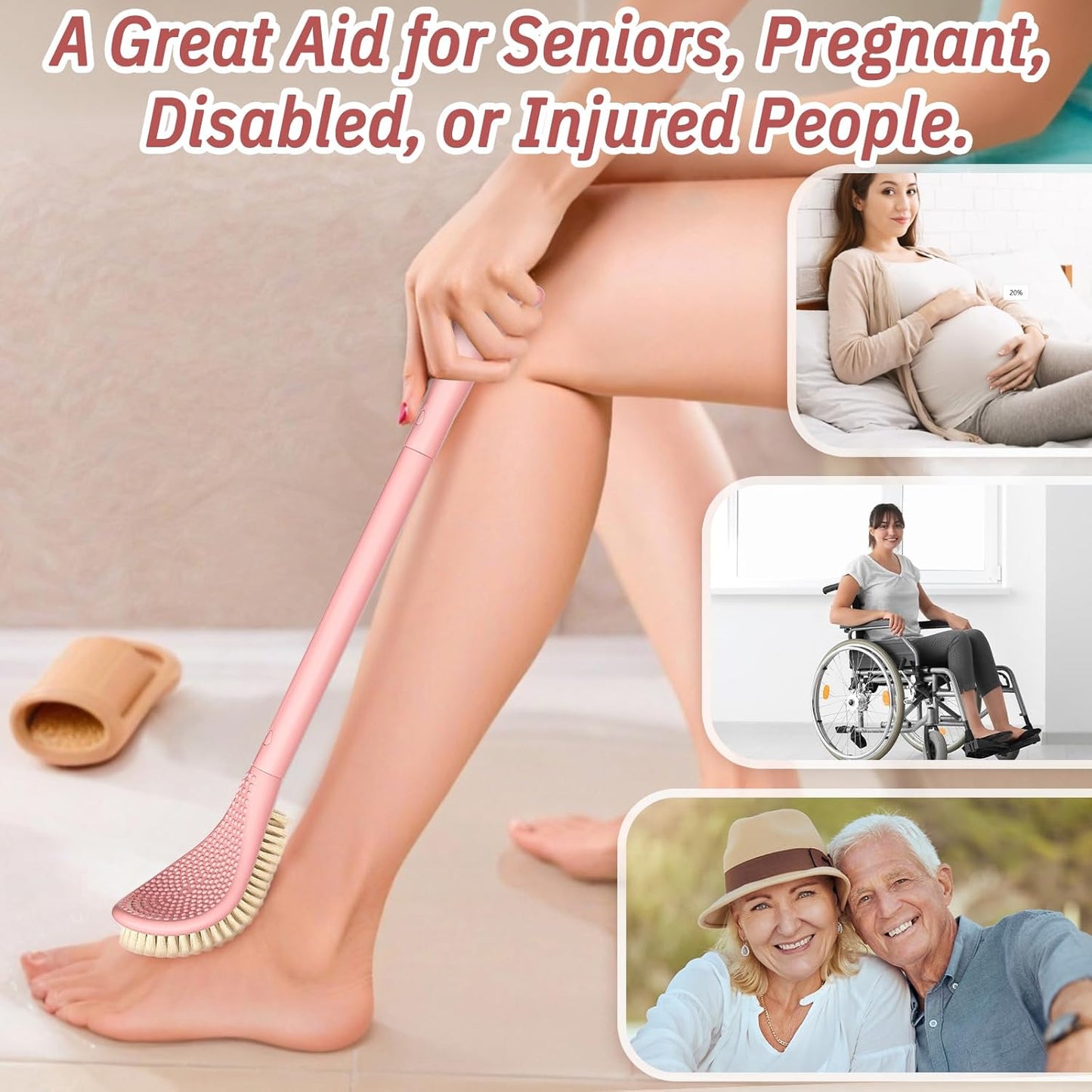 New Foot Brush & Silicone Body Scrubber Set(2PCS), 3-in-1 Foot Scrubber with Extra-Long Handle, 10.2’’-27.5’’Adjustable Feet Scrub Brush and Silicone Loofah, Gift-Box Packed(Pink+Loofah)