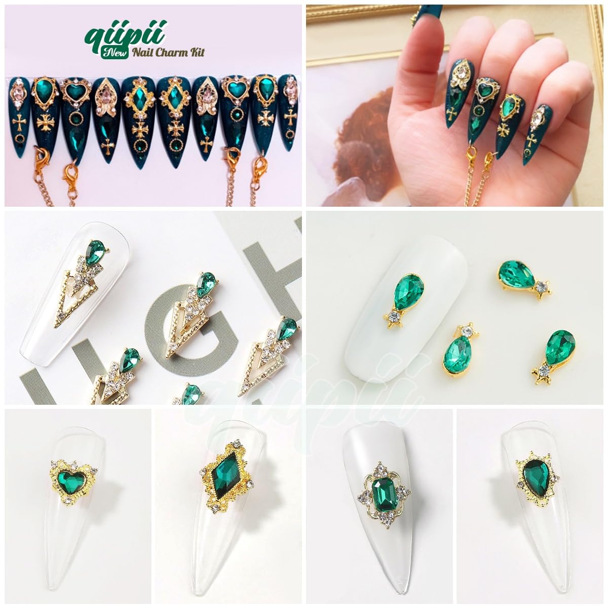 24pcs 6 Styles Emerald Green Nail Charms Big Luxury Nail Rhinestones Heart Gems Crystals Diamonds Jewelry Jewels Stones Nail Art Studs for Arylic Nails DIY Crafts Clothes Shoe Phones Cardmaking