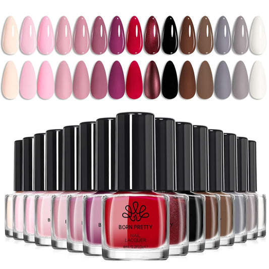 Born Pretty Fall Nail Polish Set, 15 Colors Brown Black White Gray Red Pink Nude Nail Polish Quick Dry Fall Winter Colors Fingernail Polish Kit for DIY Nail Art Salon Home Gift for Women