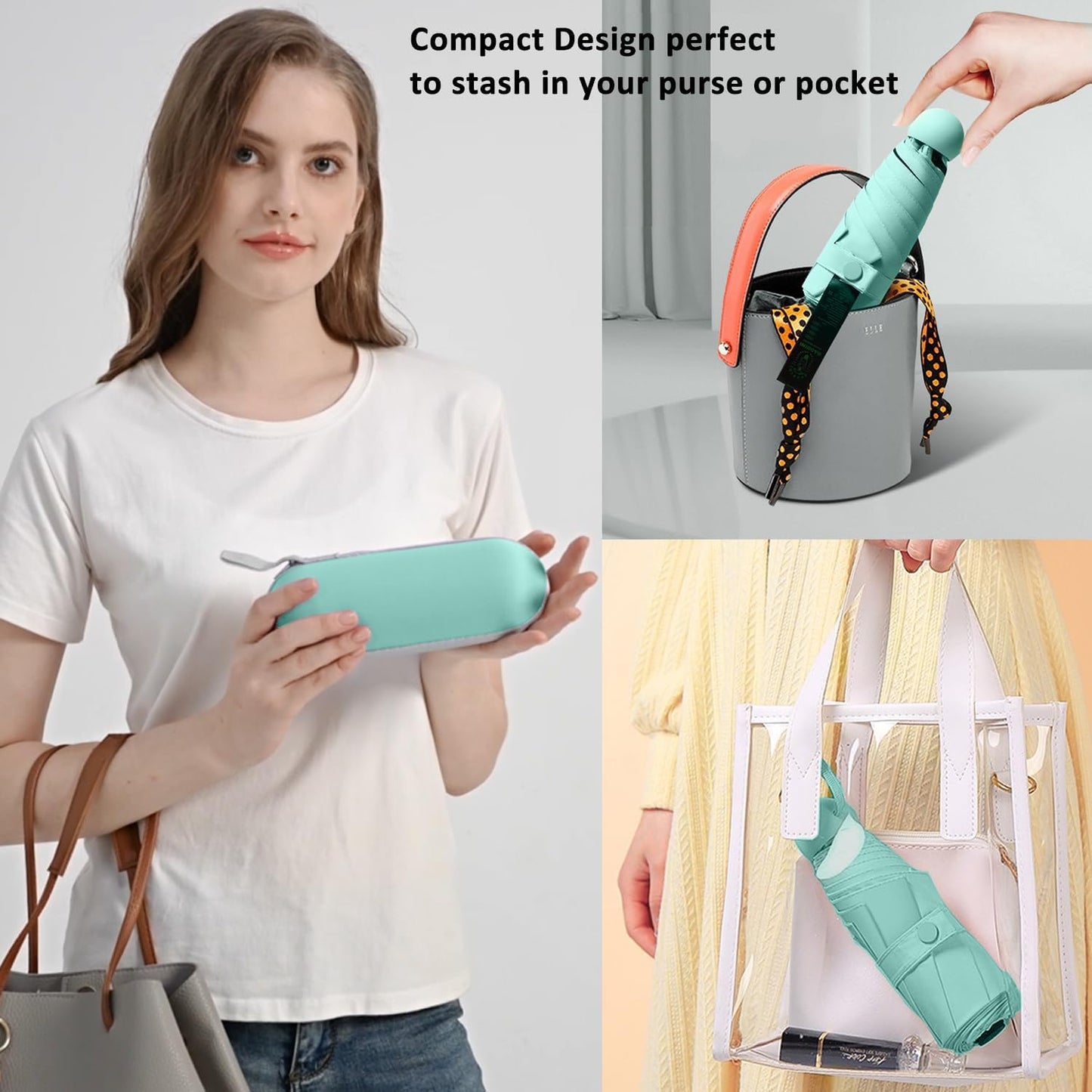 BAODINI Travel Essentials Mini Umbrella for Purse With Case Small Compact UV Sun Protection Lightweight Tiny Pocket Manual Open Close Umbrella for Women Kids and Men Fit Purse Backpack