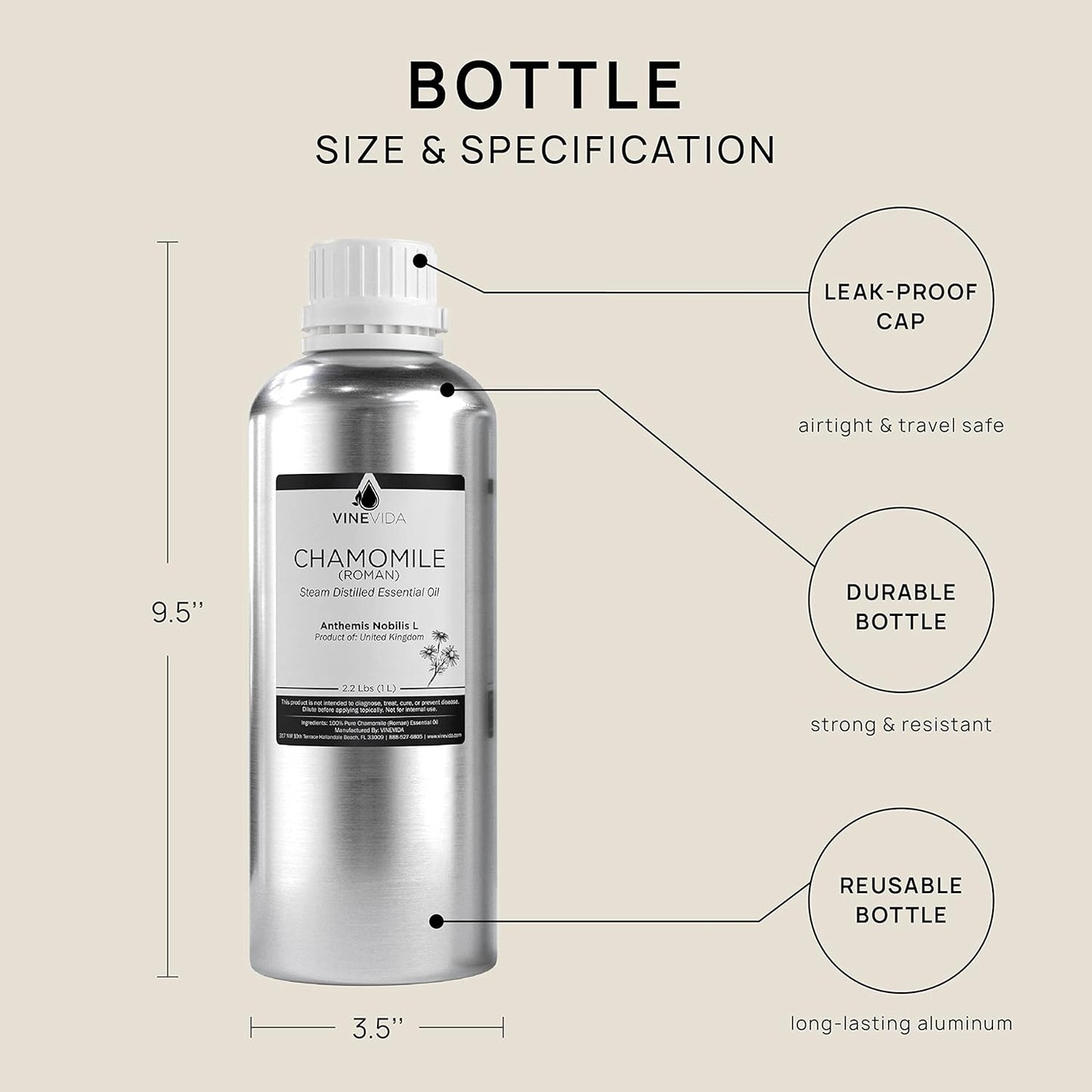 VINEVIDA Chamomile Roman Essential Oil 32 oz - Undiluted Chamomile Oil 32 oz - Chamomile Candle Oil Scent - DIY Candle Scents for Candlemaking - Bulk Essential Oil for Soap Making Safe for Skin
