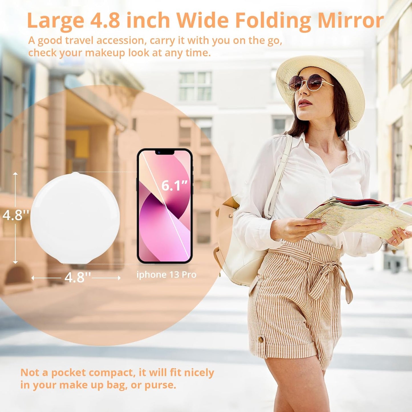 Fabuday Travel Compact Magnifying Makeup Mirror with Lights - Large 4.8'' Wide Led Lighted Portable Mirror with 1x/20x Magnification, Rechargeable Small Foldable 3 Color Lighting Mirrors, White