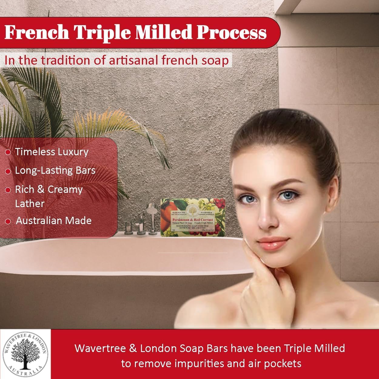 Wavertree & London Persimmon & Red Currant Scented Natural Soap Bar, 7oz Moisturizing French Triple Milled Soap Bar for Women & Men enriched with shea butter - Pure Bath & Body soap bar