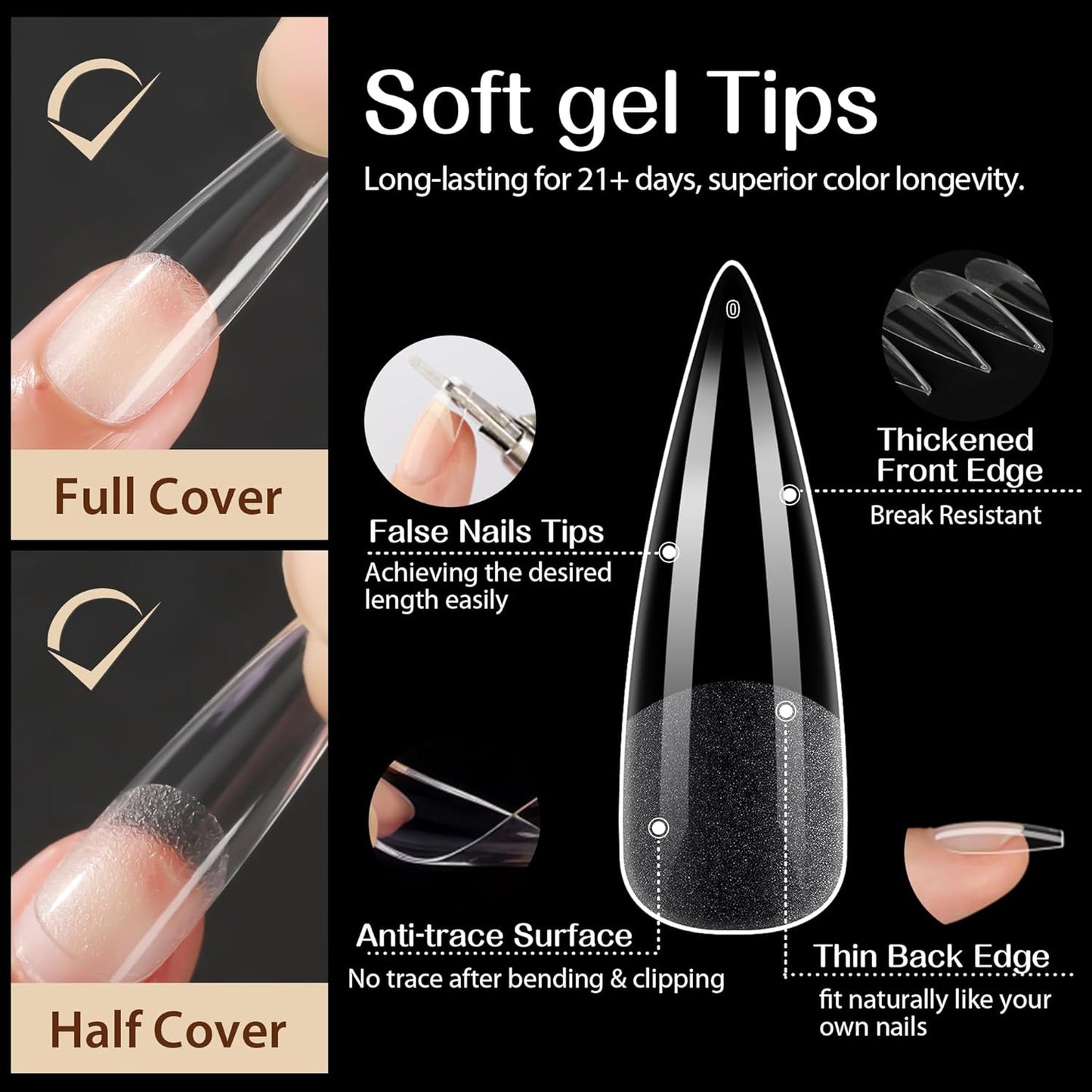 UNA GELLA Clear Stiletto Fake Nails - 216pcs Extra Long Full Cover Gel Nail Tips - 12 Sizes for Nail Extension, No Filing Needed - Home DIY Salon Gelly Tips