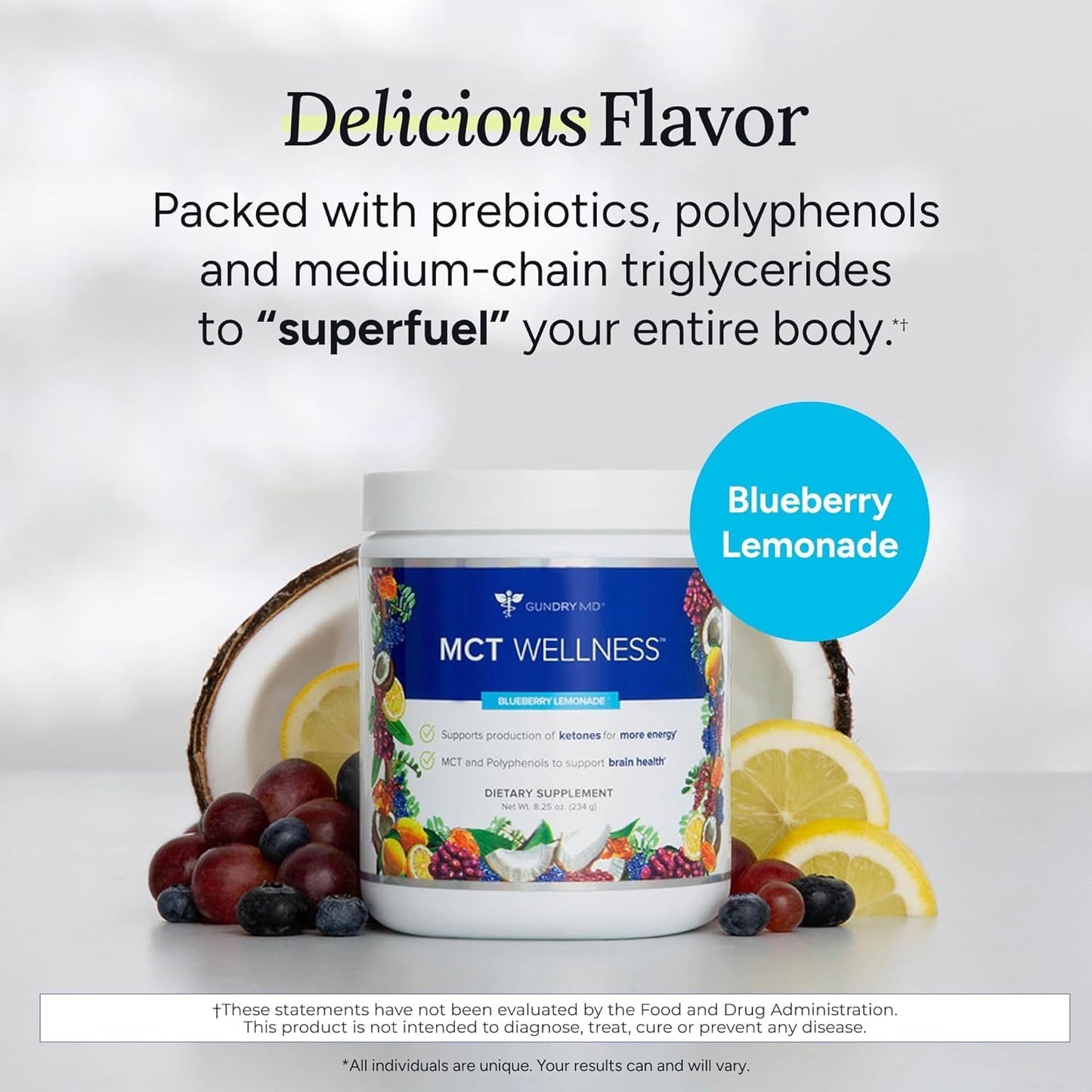 Gundry MD MCT Wellness Powder to Support Energy, Ketone Production and Brain Health, Keto Friendly, Sugar Free (90 Day Supply, Blueberry Lemonade)