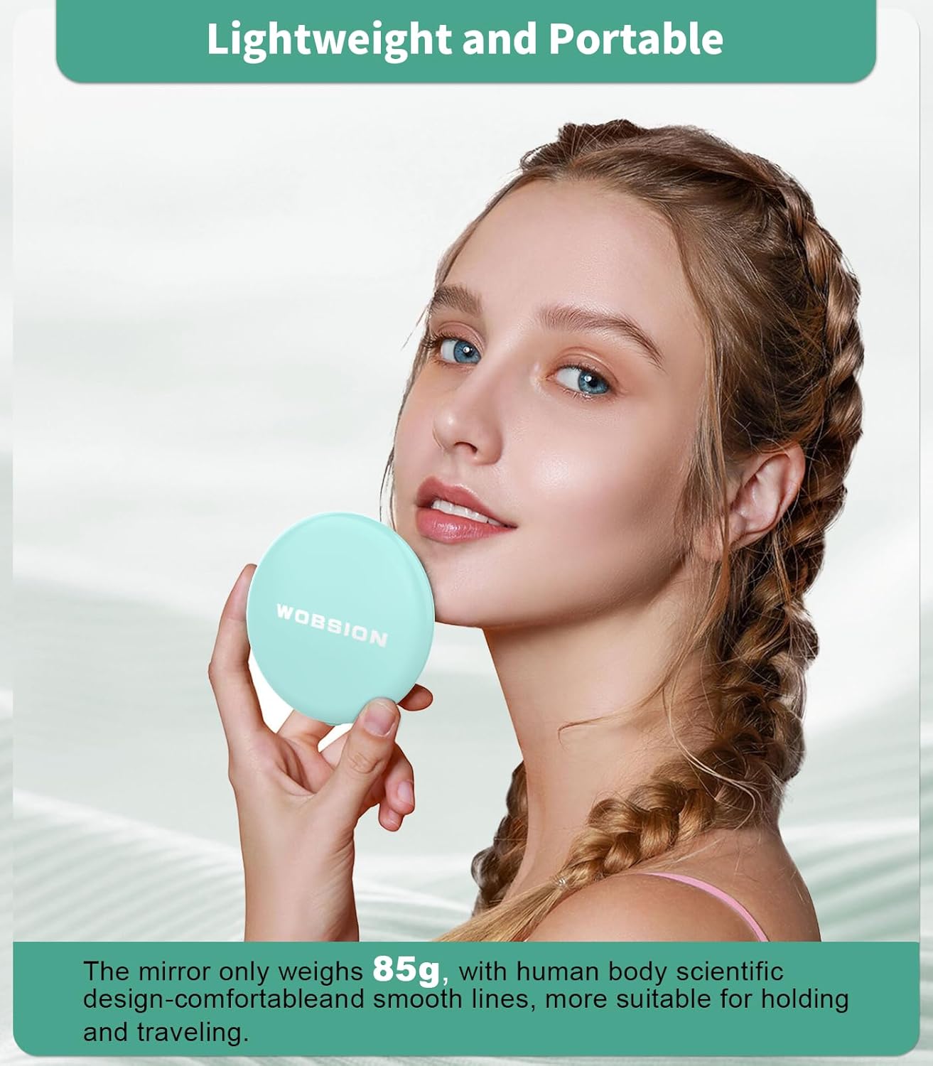 WOBSION Travel Compact Mirror,Portable 1x/10x LED Makeup Mirror with Magnification,Handheld 2-Sided Pocket Mirror, 3.5in Small Mirror for Purse,Handbag,Gift,Cyan&Black,2 Pack