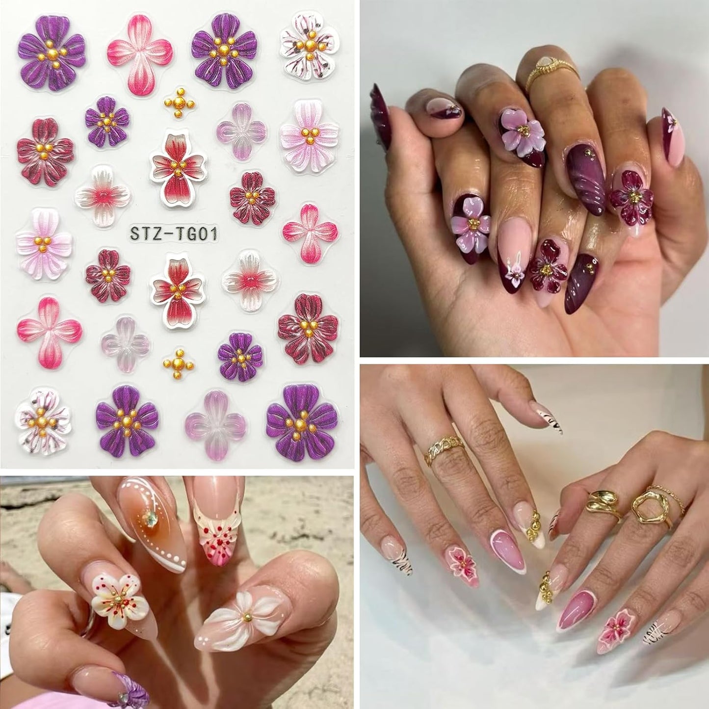 Nail Art Stickers Decals 5D Embossed Flower Nail Decals Self Adhesive Spring Summer Plumeria Nails Supplies 3D Design for Women Decoration Colorful Flower Nails Stickers