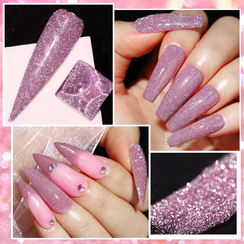 MIZHSE Diamond Gel Nail Polish, Reflective Glitter Pink Gel Polish, Sparkly Shiny Shimmer Nail Art Varnish Manicure, Soak Off LED Lamp, for Beginners DIY at Home