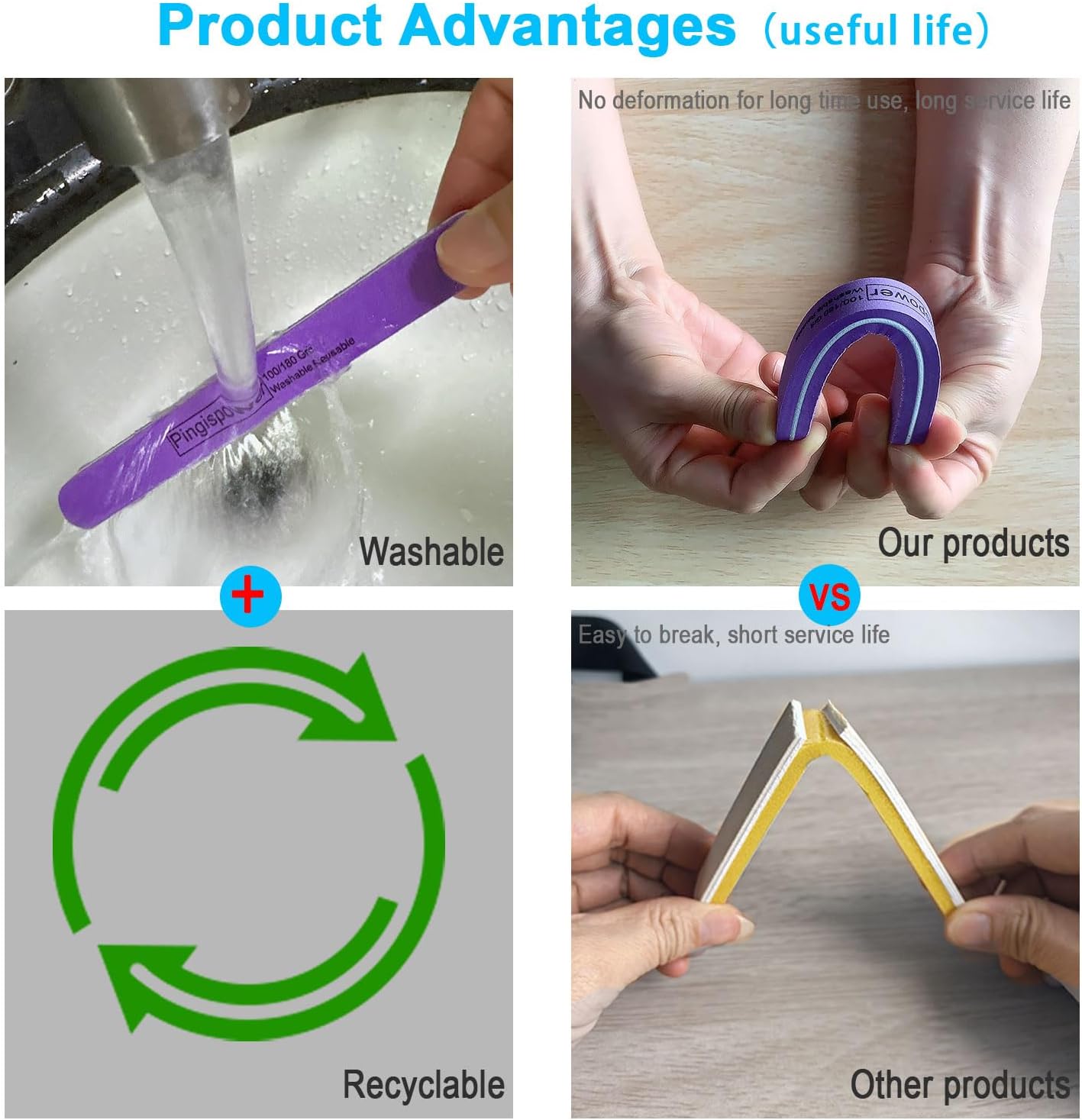 Nail File, 10PCS Professional Metal Nail Files and Buffers Block (100/180 Grit) for Natural Nails, Double Sided Washable & Reusable Manicure Kit for Women, Home & Salon Travel