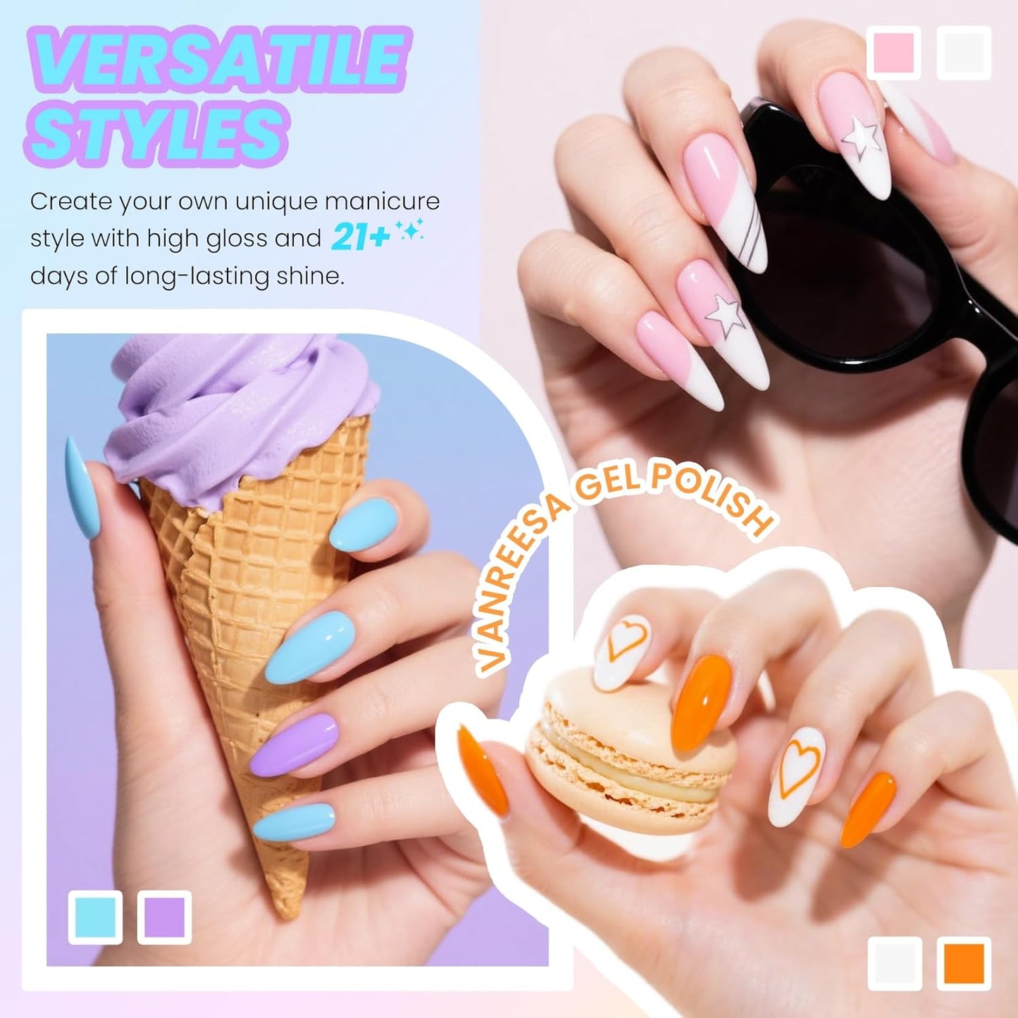 VANREESA 24 Pcs Gel Nail Polish Set, 21 Colors Gel Polish with Base Coat Glossy & Matte Top Coat Yellow Green Blue Pink Purple Orange Gel Polish Kit Nail Kit Gifts for Women Girls