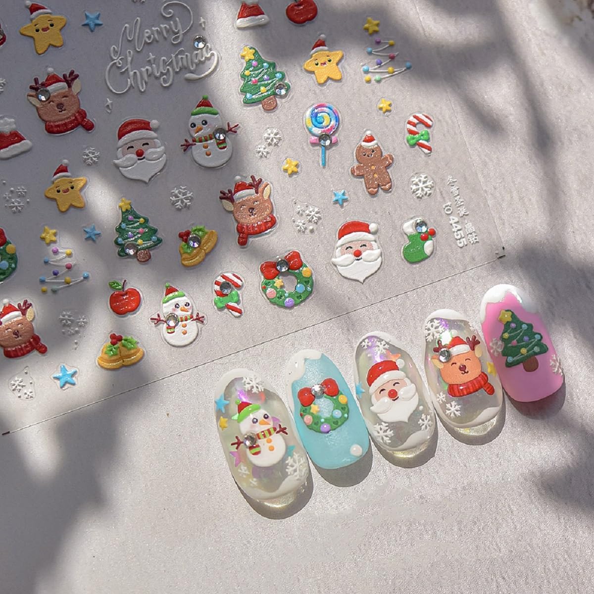 Christmas Nail Art Sticker 5D Embossed Xmas Nail Art Decals Santa Claus Elk Snowman Rhinestone Design Holiday Nail Supplies Winter Manicure Decoration for Women Girls