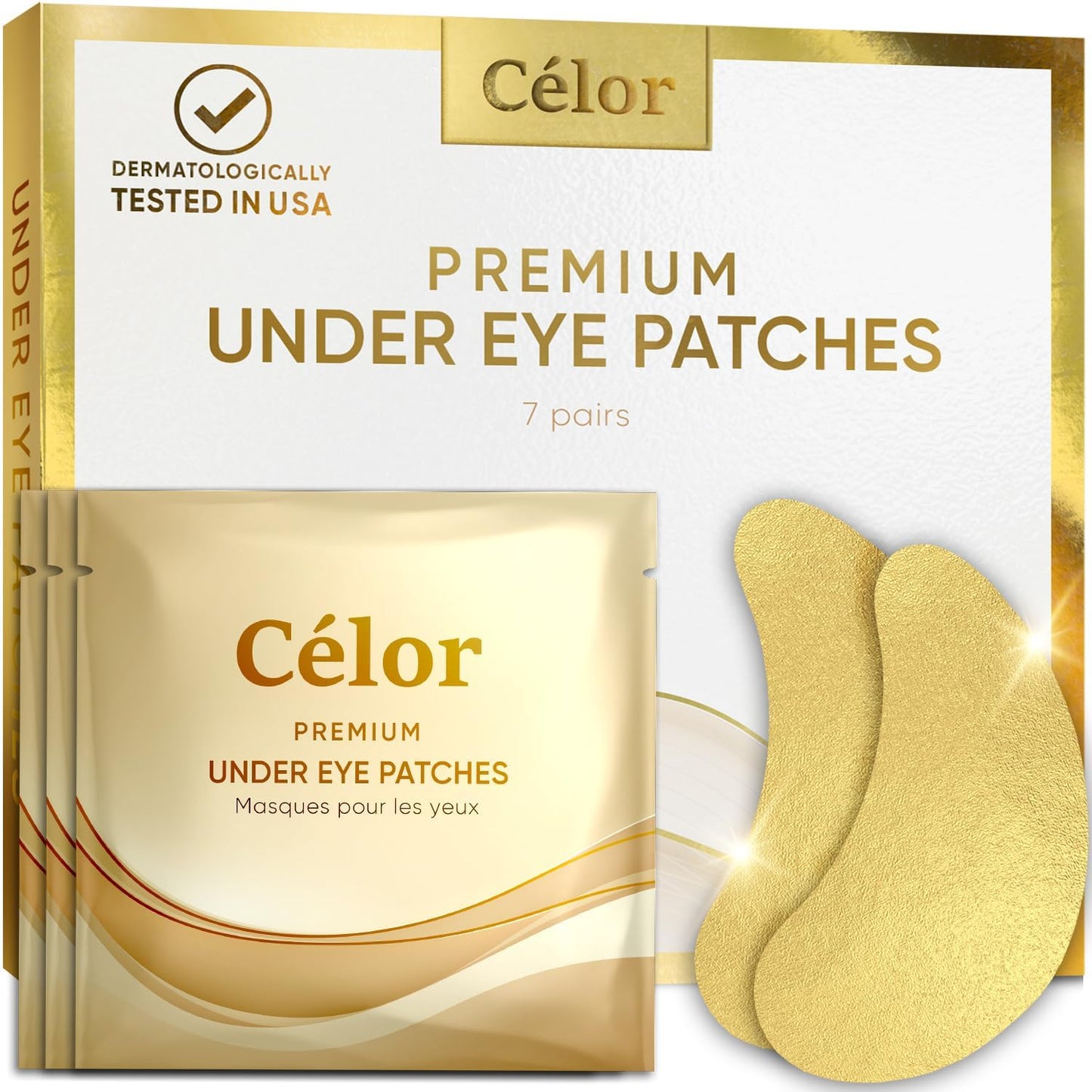 CÉLOR Under Eye Patches Premium - Golden Under Eye Mask Enriched with Hyaluronic Acid, Caffeine, Tea Tree & Collagen, under eye Patches for Women & Men (7 Pairs)
