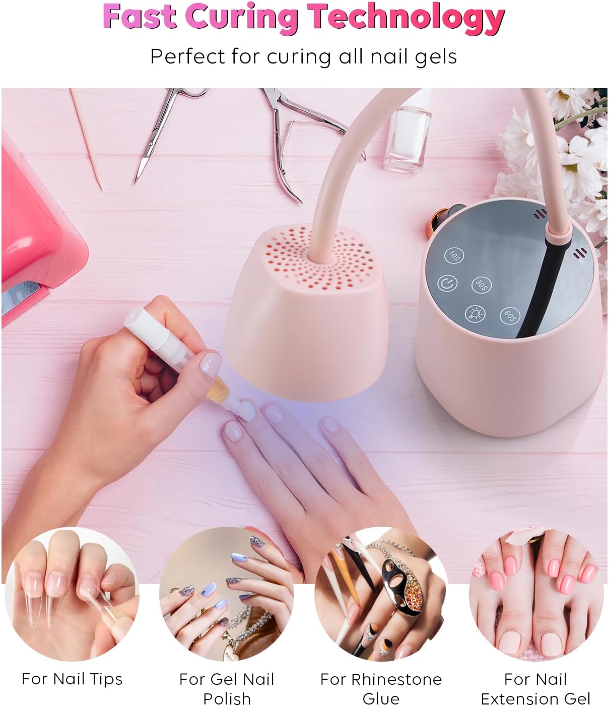 UV LED Nail Lamp - Gooseneck UV Light for Gel Nails Cordless USB 27W Nail Dryer 2 in 1 Gel Lamp and Desk Lamp with 4 Times & Auto Sensor Professional Fast Flash Curing Polish Nail Art(Pink)