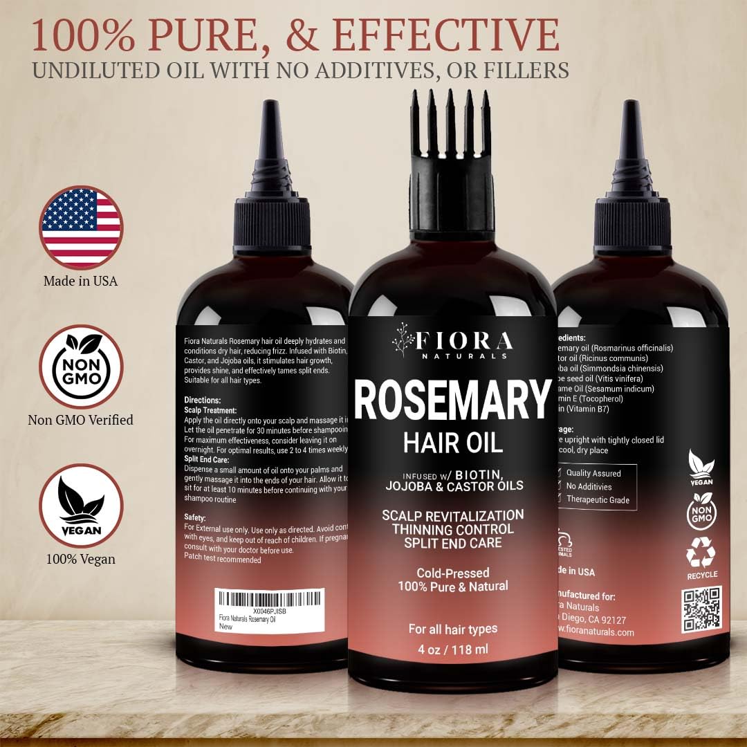 100% Pure Rosemary Oil for Hair Growth, Infused with Biotin, Jojoba & castor Oils - Natural Hair Strengthening Serum, Scalp and Beard Oil, Aceite De Romero Para El Cabello