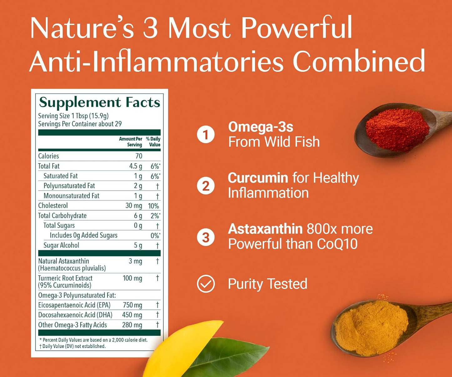 ALGAECAL Triple Power 1200mg EPA & DHA Omega 3 Fish Oil Supplement, Supporting Brain, Heart, Skin & Bones, Liquid Emulsion Mango Taste, Burp-Less, Sugar-Free, Made in USA