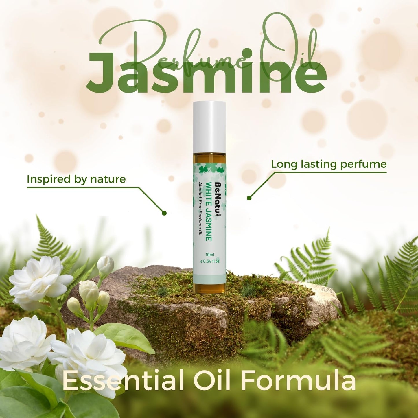 benatu Jasmine Perfume Oil Roll On for Women, Alcohol Free Eau de Parfum,Travel Size Essential Oil Body Fragrance, Concentrated Rouge Floral Scent, 10 ml