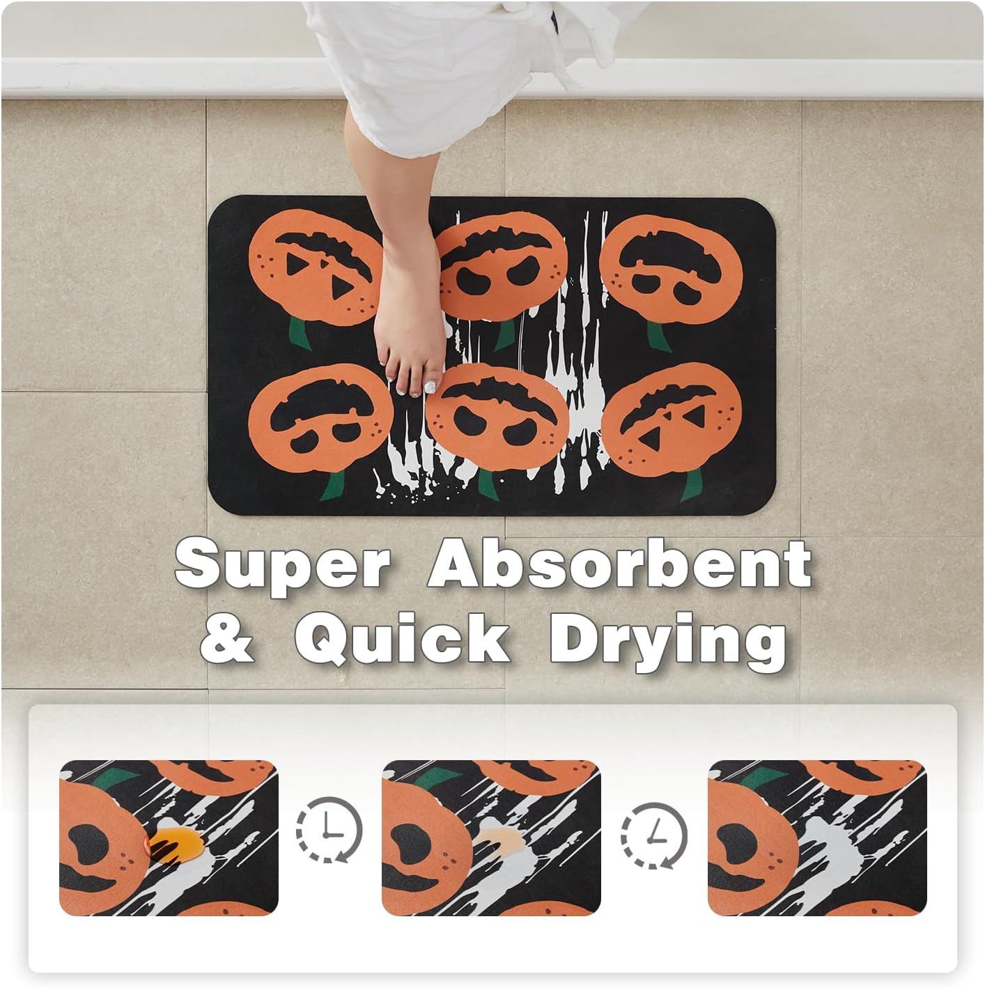 Halloween Bath Mat, Thin Halloween Bathroom Rug Non-Slip Quick Dry Pumpkin Bath Mat Fits Under Door Thin Floor Mat Halloween Decor, 17’’x30‘’, Pumpkins Black