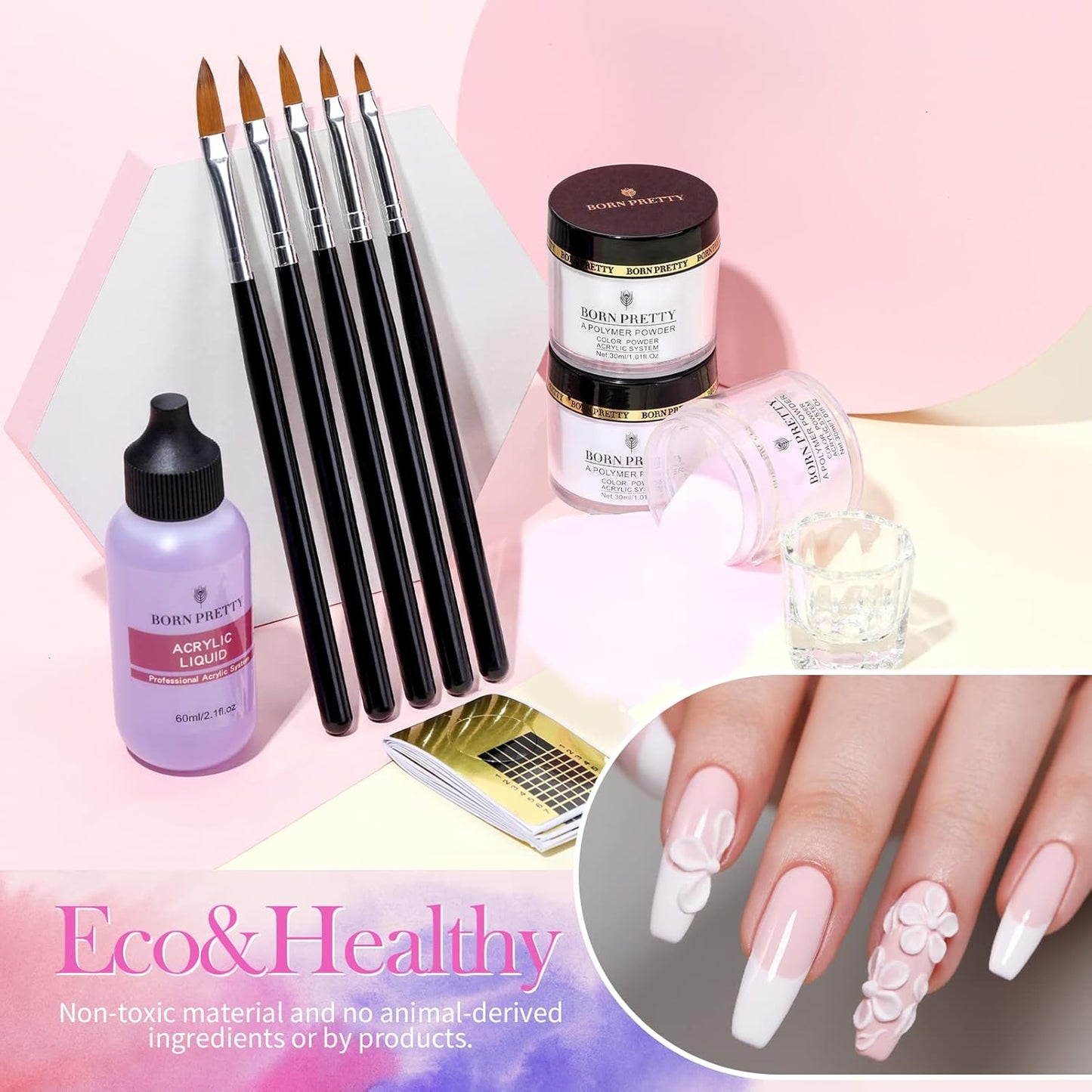 BORN PRETTY Acrylic Nail Kit with Everything ,96PCs Acrylic Powder and Liquid Monomer Set with 24Colors Glitters Acrylic Nail Brush Nail Tips Nail Primer Nail Art Supplies for Extension Gift