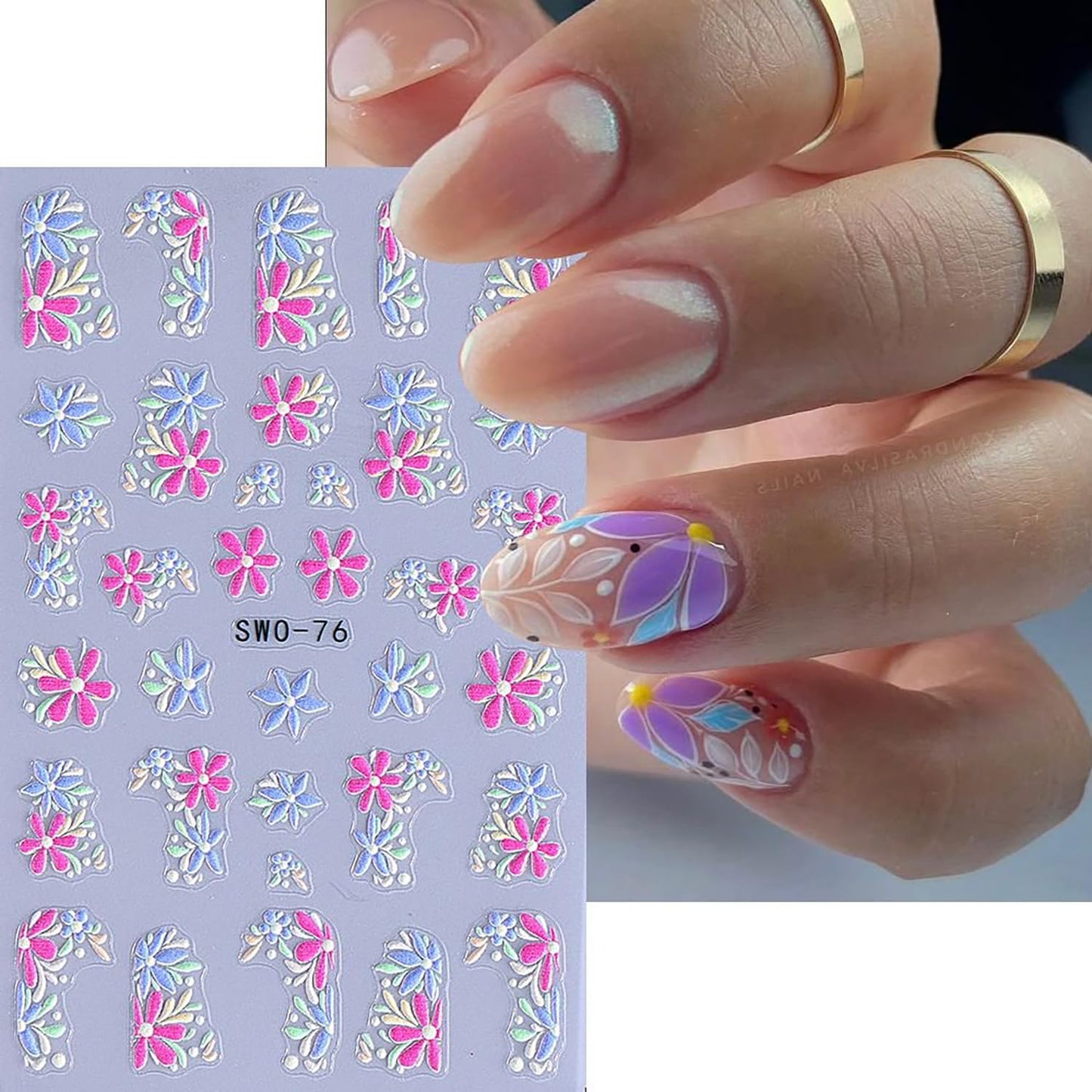 6Sheets Flower Nail Art Stickers 5D Self-Adhesive Nail Sticker Rose Daisy Nail Decals Holographic Stereo Blossom Decal Decoration for Women Wreath Manicure Stickers DIY Nail Art Sticker Supplies