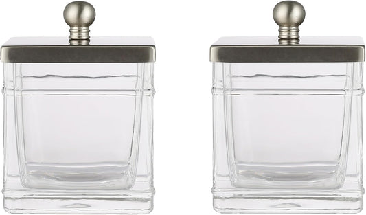 Glass Cotton Jar Holder 2 Pack– Satin Nickel Lid, Elegant Bathroom Storage Canister for Qtips, Cotton Balls, Floss, Makeup Organizer, Vanity & Bathroom Organization