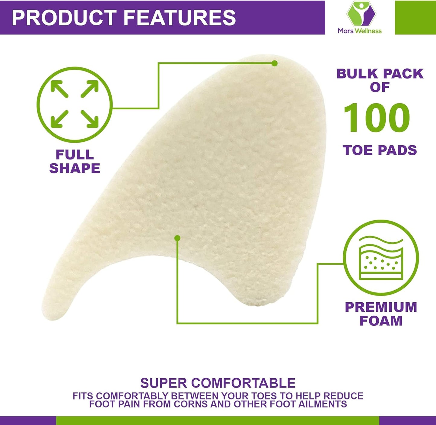 Mars Wellness Full Foam Toe Separators - Toe Spacers for Corn, Blisters Relief - 1/4 Inch - Bulk Pack of 100 Pads