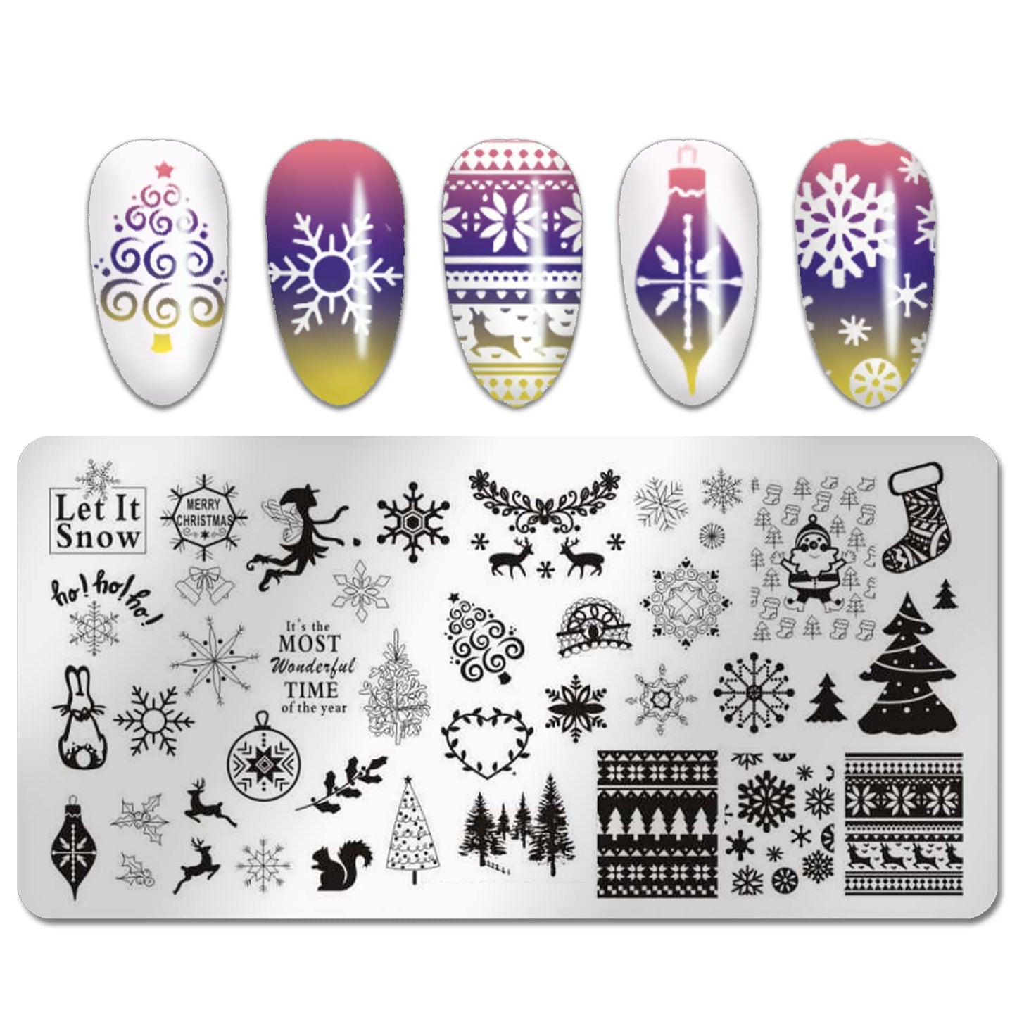 WOKOTO Christmas Nail Stamping Set - 6Pcs Plates With Santa Claus, Elk, Snowflakes Images - Art Templates and Tools for Holiday Manicure