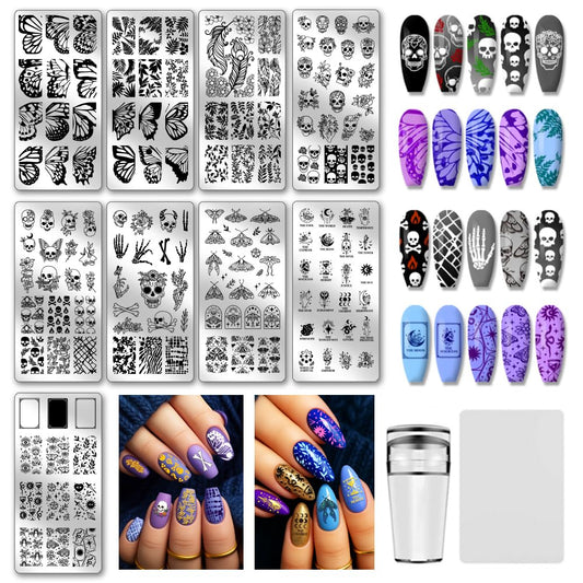 PH PandaHall 9pcs Gothic Skull Nail Stamping Plates Butterfly Nail Art Stencil Star Moon Leaf Manicure Art Templates Horror Skeleton Nails Stamper Plate for Women DIY Manicures Salon Printing Design