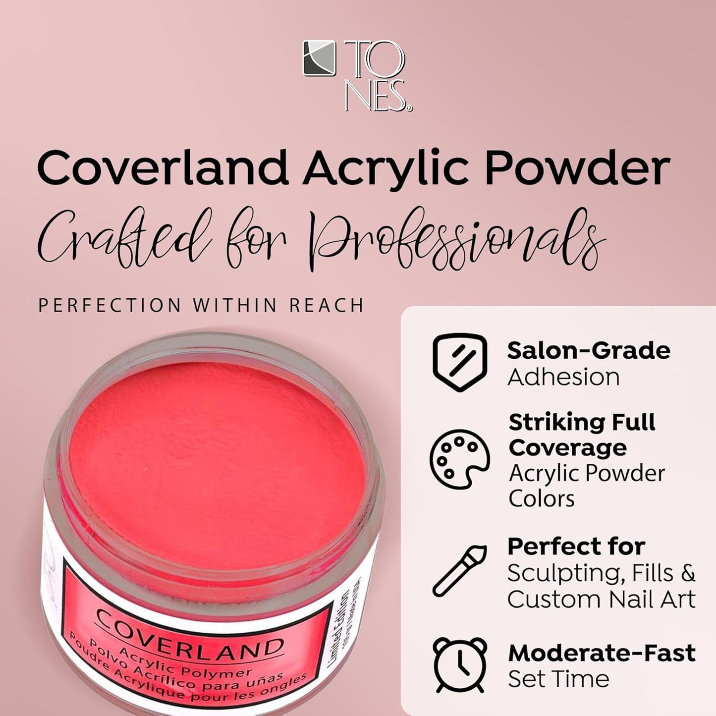 Tones Coverland Acrylic Nail Powder "Neon Coral" - Limited Edition Acrylic Powder for Nail Design, Sculpting, and Masking Nail Bed Imperfections - Professional Acrylic Nail Supplies - (1.5 Oz)