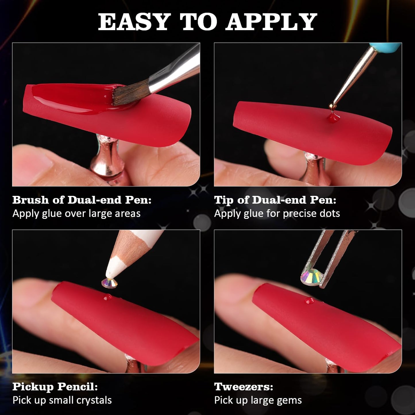 Rhinestones for Nails, Manicure Kit with Nail Rhinestone Glue Gel, Multi Shapes Dark Green Glass 3D Nail Charms + Flatback 2-5mm Round Beads & Gem Glue for Nails (UV/LED Needed) with Dotting Tools