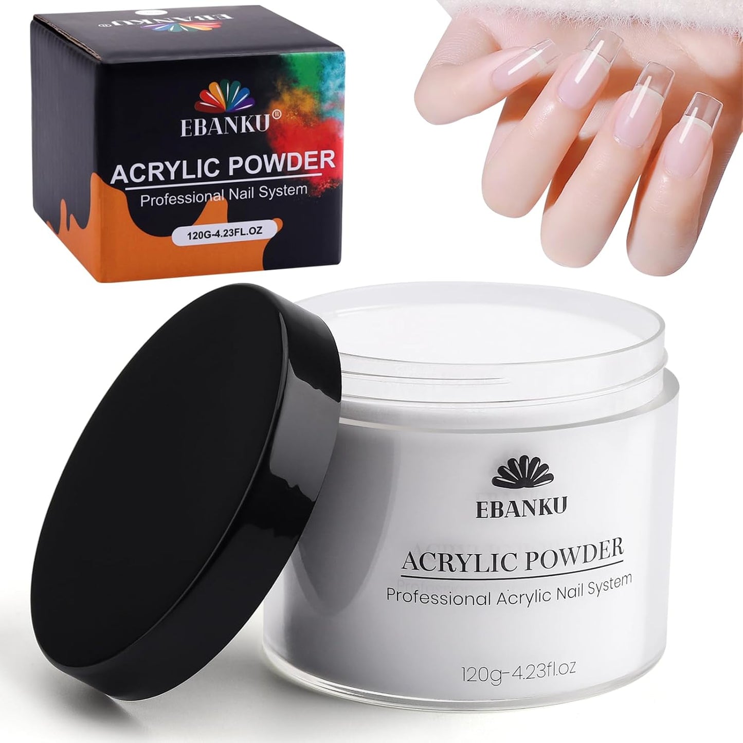 EBANKU Clear Acrylic Powder, 120g/4.23oz - Professional Nail Powder for Extension, Carving, Long-Lasting, No Lamp Needed
