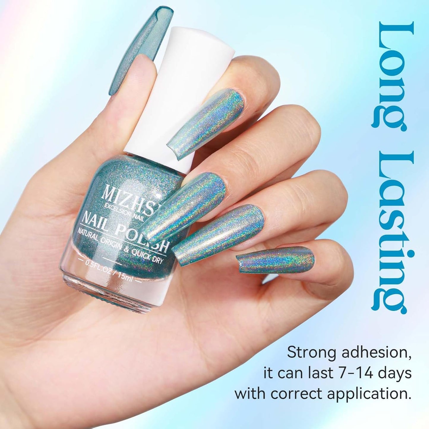 MIZHSE Holographic Nail Polish, Blue Glitter Nail Polish Air Dry Fast, 15ml/0.5 fl oz High Glossy Shiny Shimmery Nail PigmentLaser Oil-based Iridescent Chrome Halo Nail Art Salon Manicure at Home