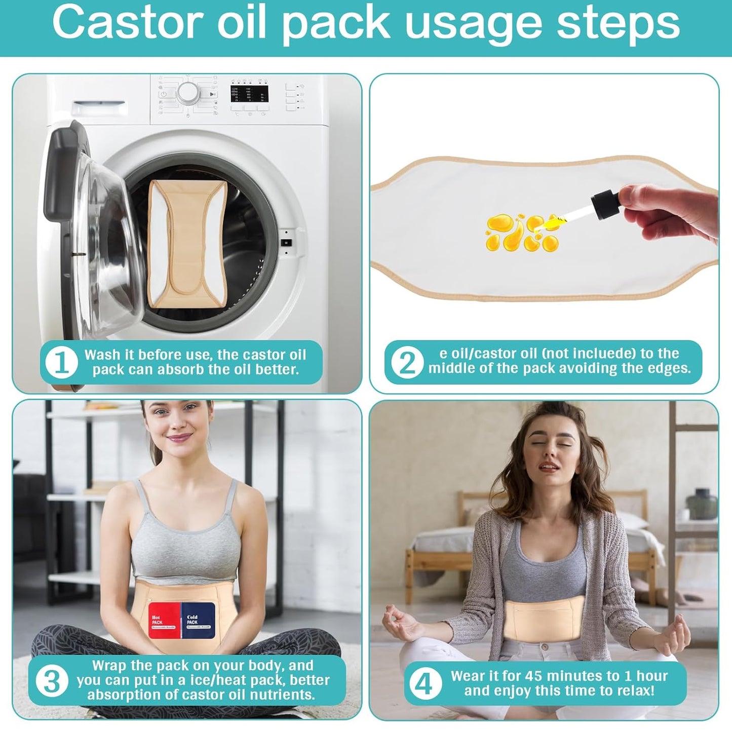 5 Pcs Castor Oil Wrap, Adjustable Elastic Organic Castor Oil Packs for Belly Waist Neck Knee,Castor oil Pack Wrap Pads for Liver Detox Blood Circulation Women Men Christmas Gifts