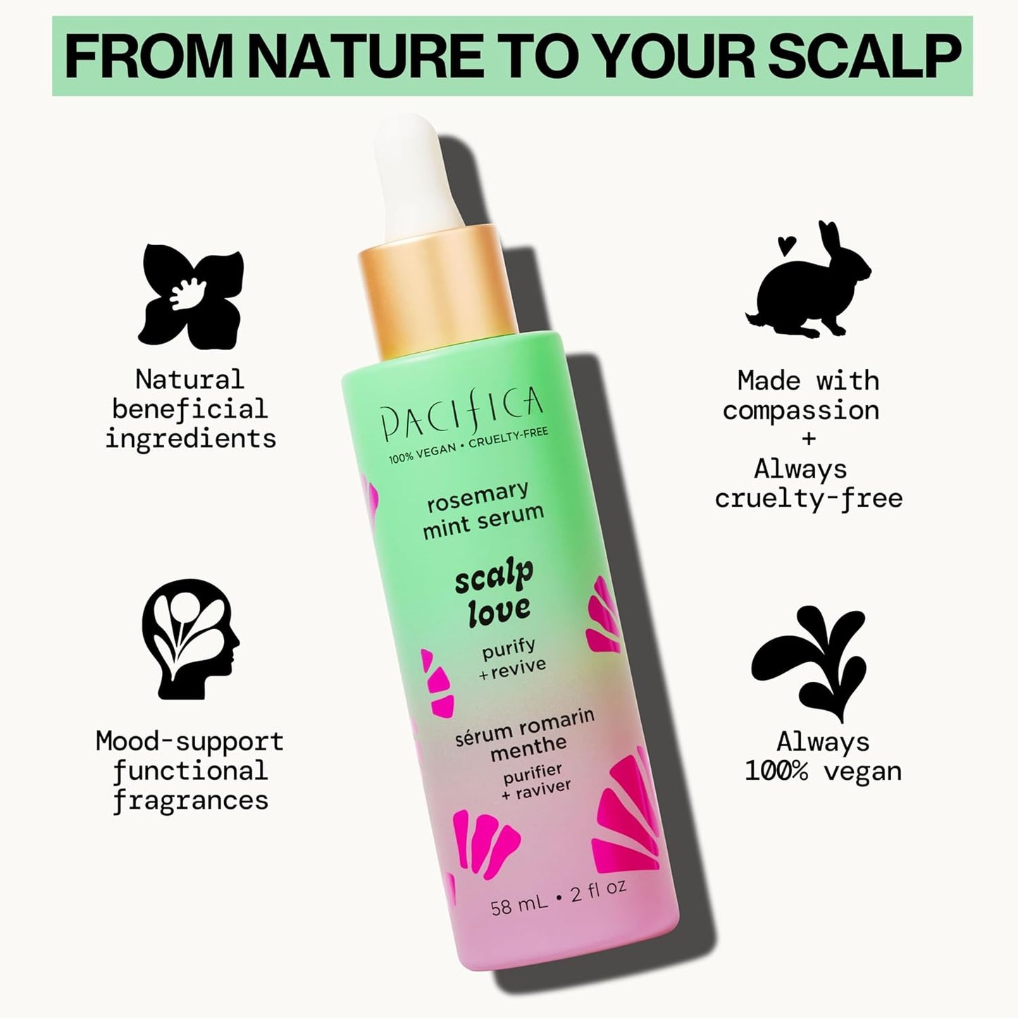 Pacifica Scalp Love Rosemary Mint Serum - Dry, Flaky, and Itchy Scalp Serum, Hydrating, Moisturizing, and Calming Treatment Formulated with Witch Hazel, Vegan and Cruelty-Free - 2 Fl Oz