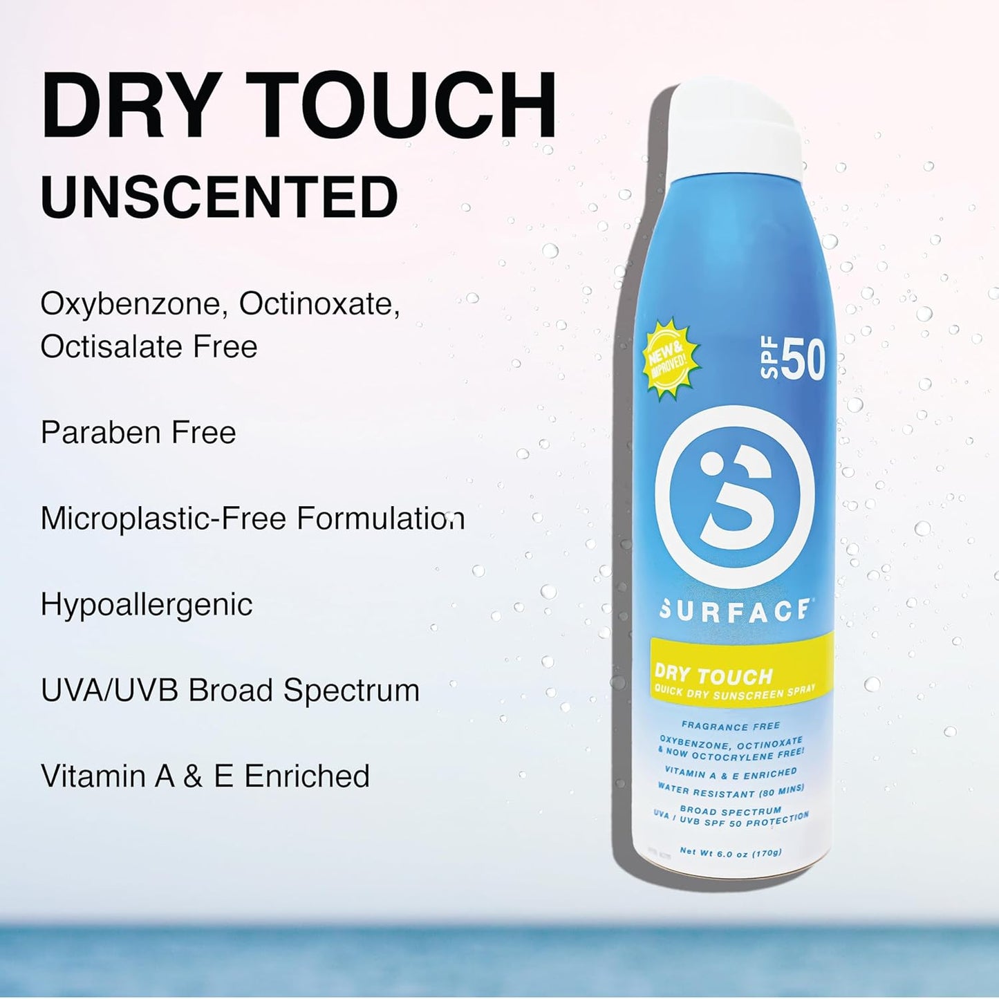 Surface Sunscreen Spray SPF 50 for Body, Natural Formula, Lightweight and Reef Friendly, Broad Spectrum UVA UVB Protection, Water Resistant Sun Care for Outdoor Use, Fragrance Free, 6oz