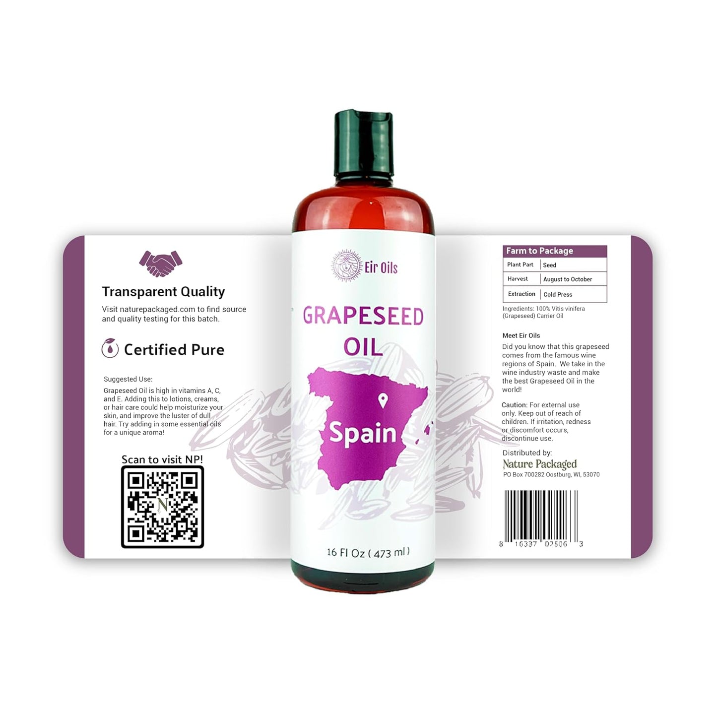Grapeseed Oil - Pure Grapeseed oil for Skin - 100% Pure Carrier Oil for Hair, Face, and Skin - Direct from EIR Oils in the Beautiful Spanish Countryside (16 oz)