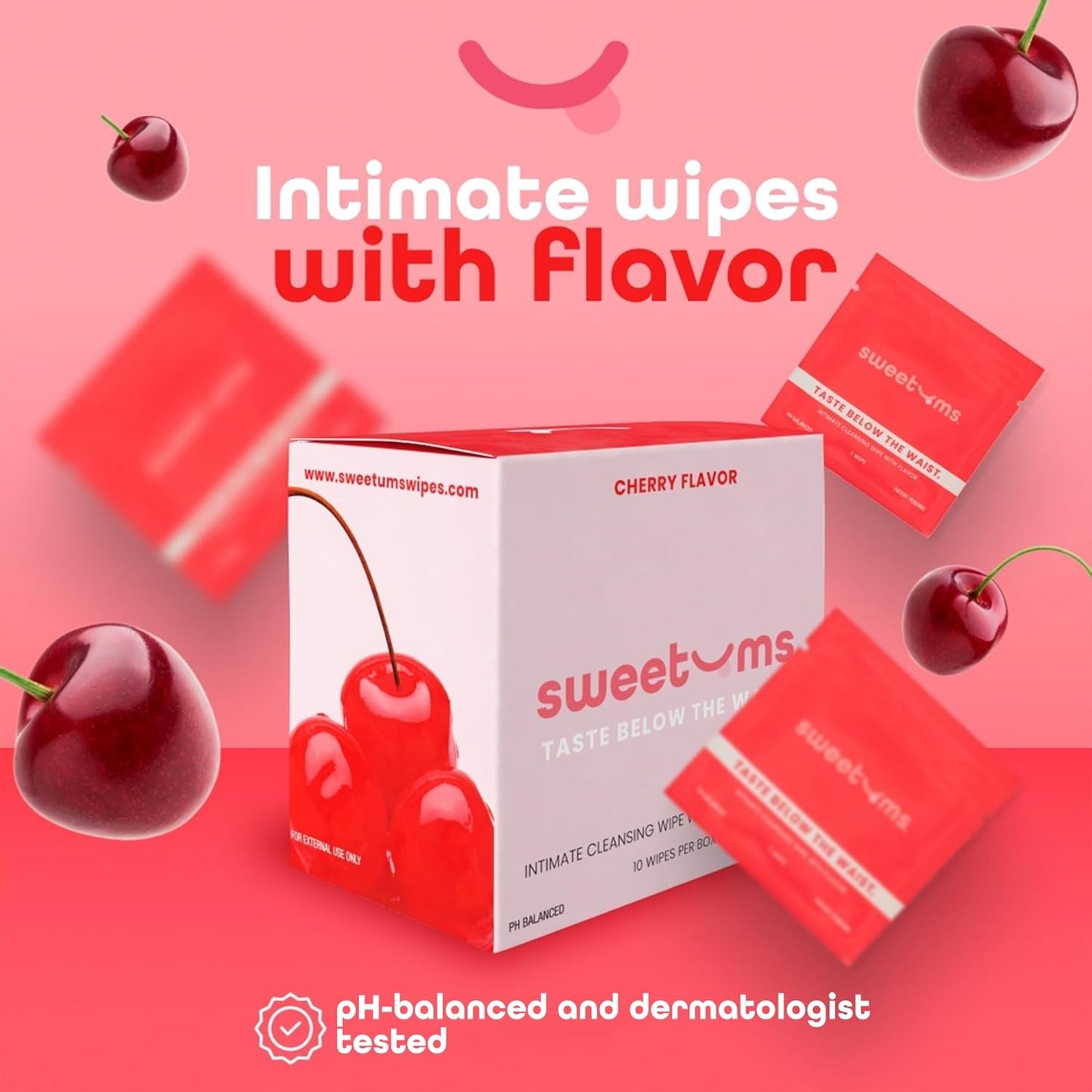 Feminine Wipes For Women, Individually Wrapped - pH Balanced Flavored Intimate Wipes - Pack of 10 (Cherry)