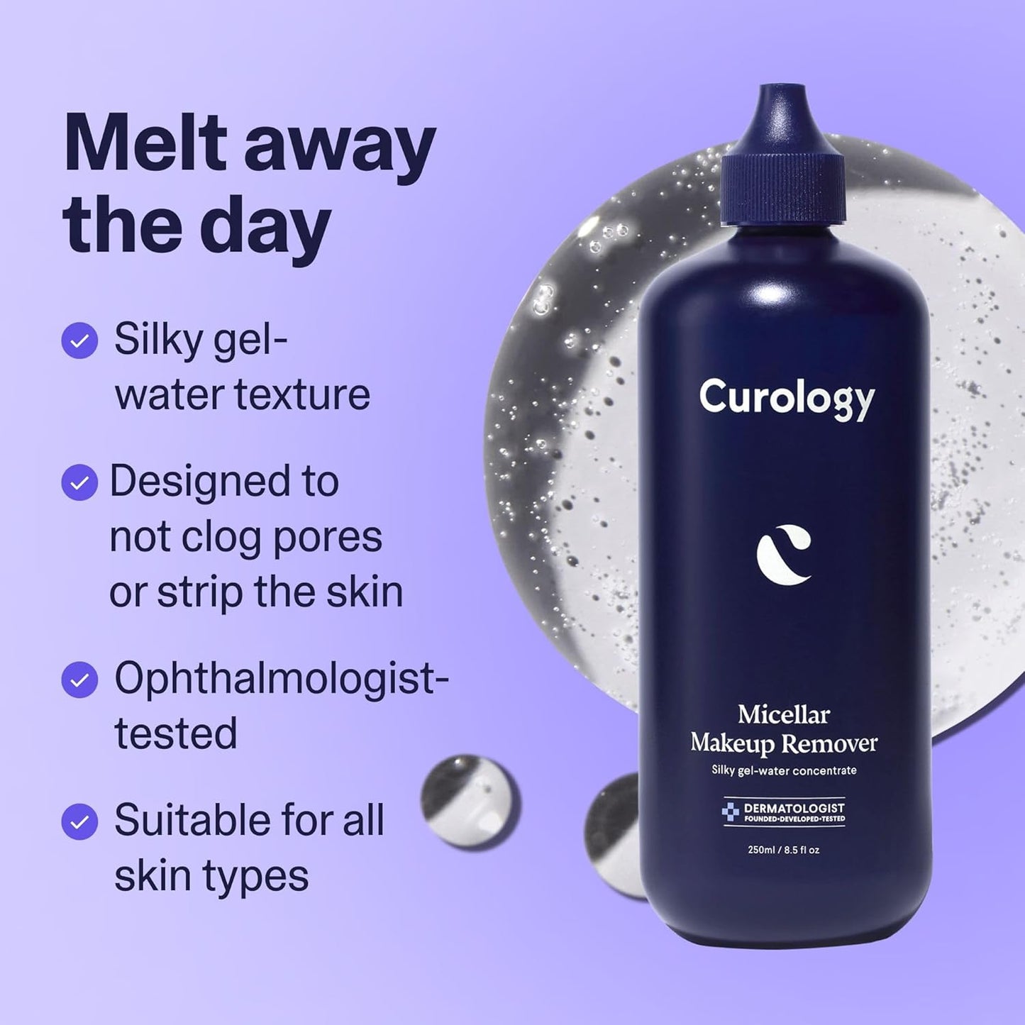 Curology Micellar Water Makeup Remover, Cleansing Gel Water Concentrate, Waterproof Eye and Face Make Up Removal, 8.5 fl oz