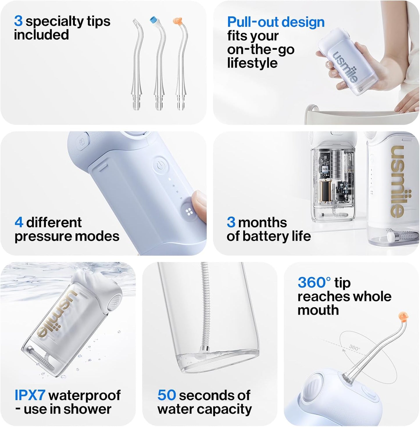 usmile C10 Portable Water Flosser – Travel-Friendly, 95-Day Battery, 4 Modes, 360° Nozzle, 180ml Tank, IPX7 Waterproof, Dentist-Recommended for Braces, Implants & Sensitive Gums (Inkstone Black)