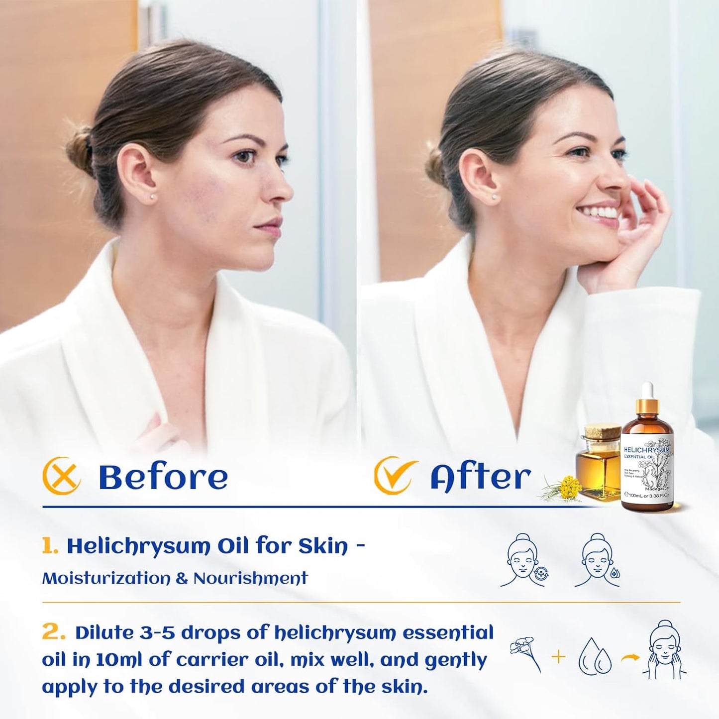 HIQILI Helichrysum Essential Oil for Skin Nourish, Undiluted & Natural, Relieve Fatigue in Body Massage, Reduce Fine Line and Wrinkle, Aromatherapy Diffuser, DIY Floral Scented Gift -100ML