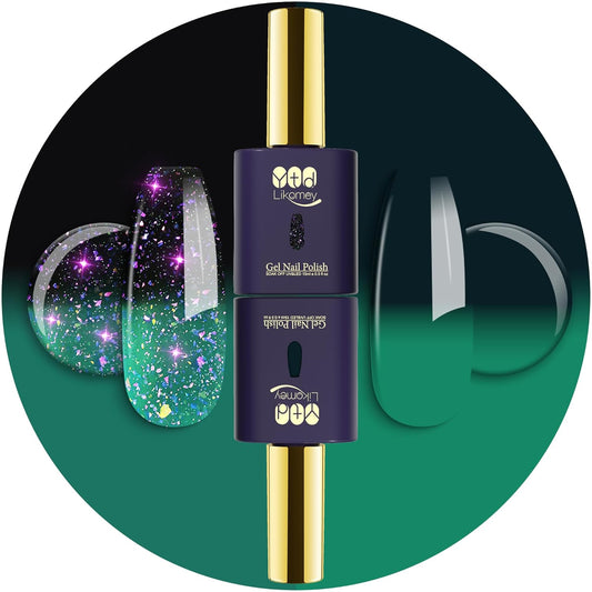 YTD Likomey Color Changing Gel Nail Polish Set,2 Pcs 15ml Bright Green to Dark Green Brocade Glitter and Pure Color Kit,Thermal Ombre Change Colors Salon Manicure Fall Winter UV Nail Varnish,WB2-3