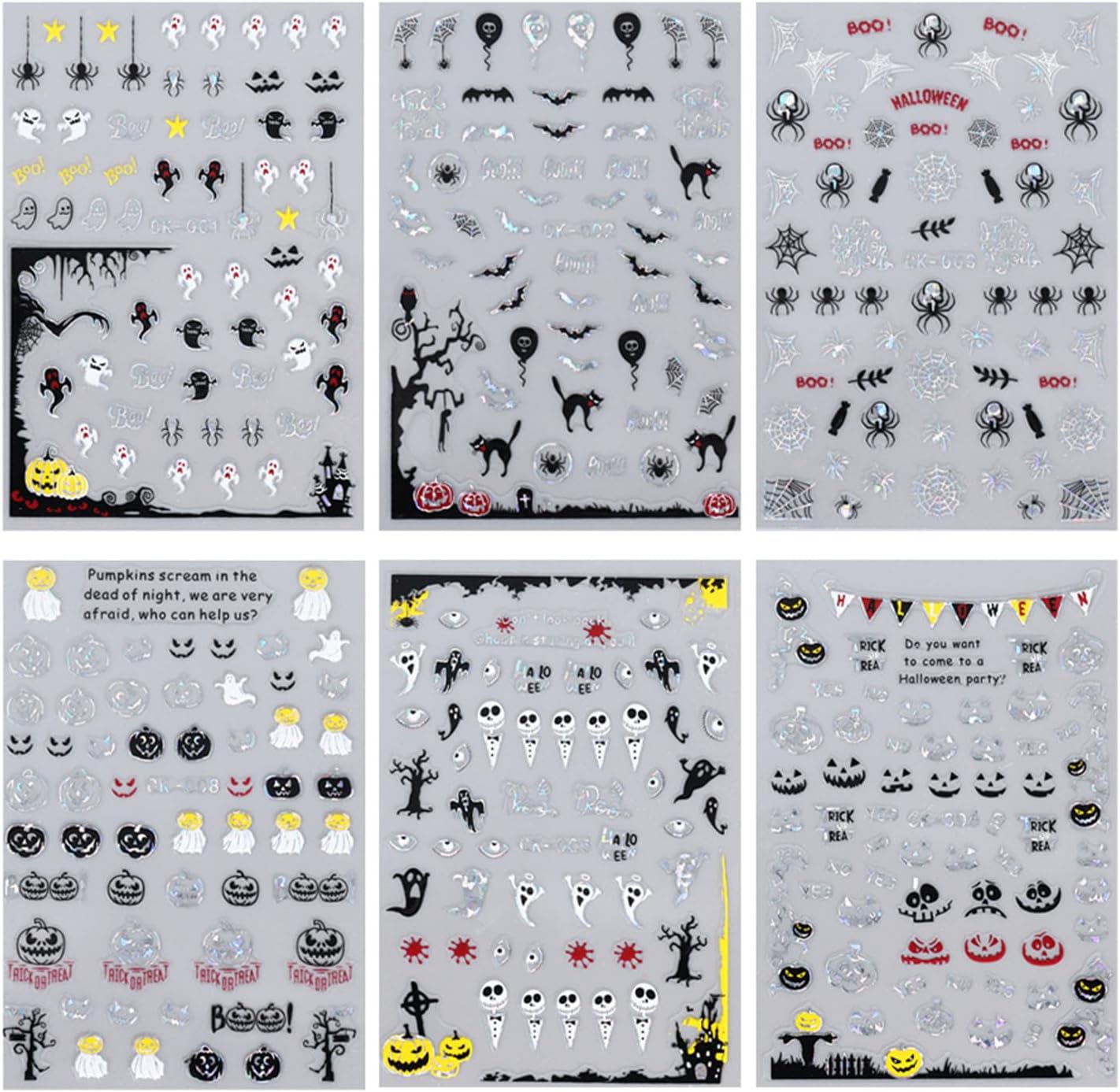 6Pcs Halloween Nail Stickers for Nail Art Cute Ghost Pumpkin Nail Art Stickers Spider Web Skeleton Bat Nails Design Decals Halloween Nail Supplies for Women Girls DIY Manicure
