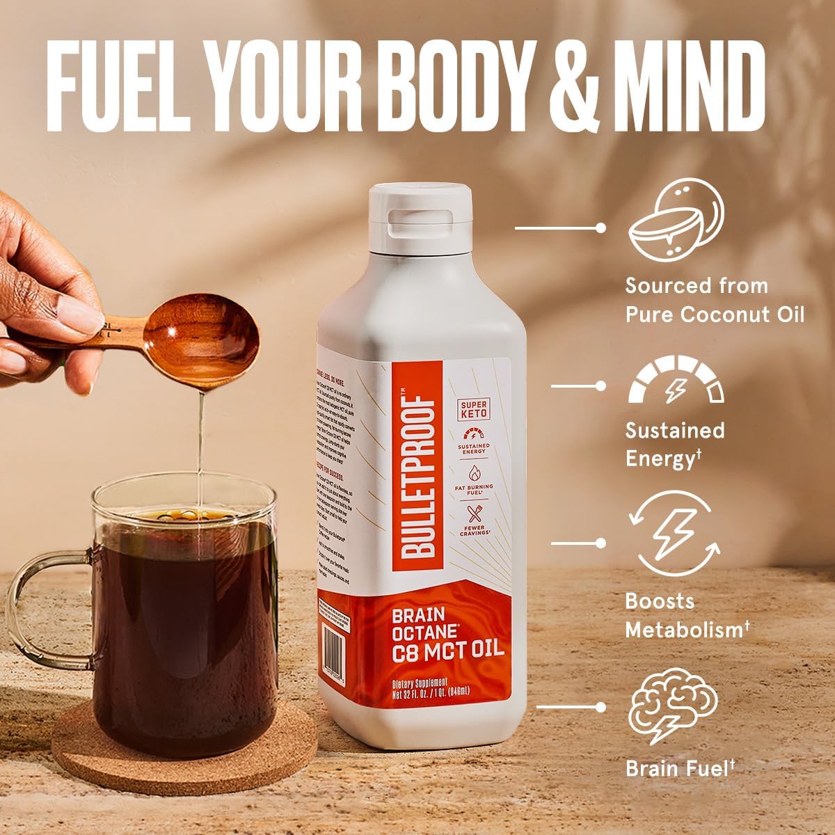Bulletproof Brain Octane C8 MCT Oil, 32 Ounces, Keto Supplement for Sustained Energy and Fewer Cravings