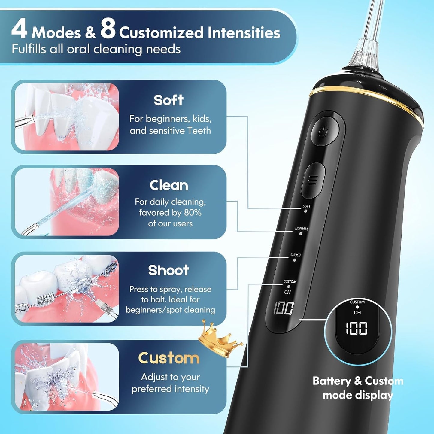 Water Flosser for Teeth, Cordless Oral Irrigator Portable Dental Cleaner Picks with 8 DIY Modes 7 Jets 300ml Tank Braces Flossers Rechargeable (Black)