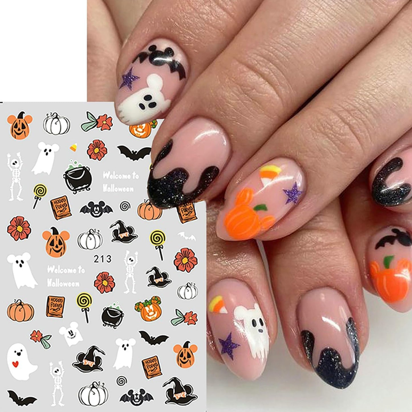 Halloween Nail Art Stickers 8 Sheets Cute Little Ghost Skull Pumpkin Floral Nail Art Self-Adhesive DIY Nail Decal Stickers Nail Fall Decoration Thanksgiving Nail Supplies for Women Girls Kids