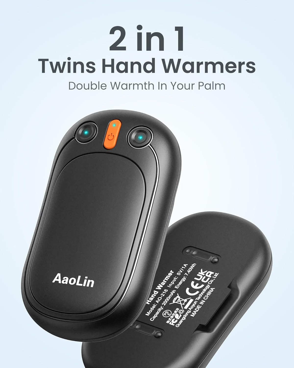 AI Hand Warmers Rechargeable, AaoLin 2 Pack Electric Hand Warmers Reusable, 12Hrs Long Heating, Portable Pocket Handwarmer Great Gift for Outdoors, Camping, Golf, Hunting Gear