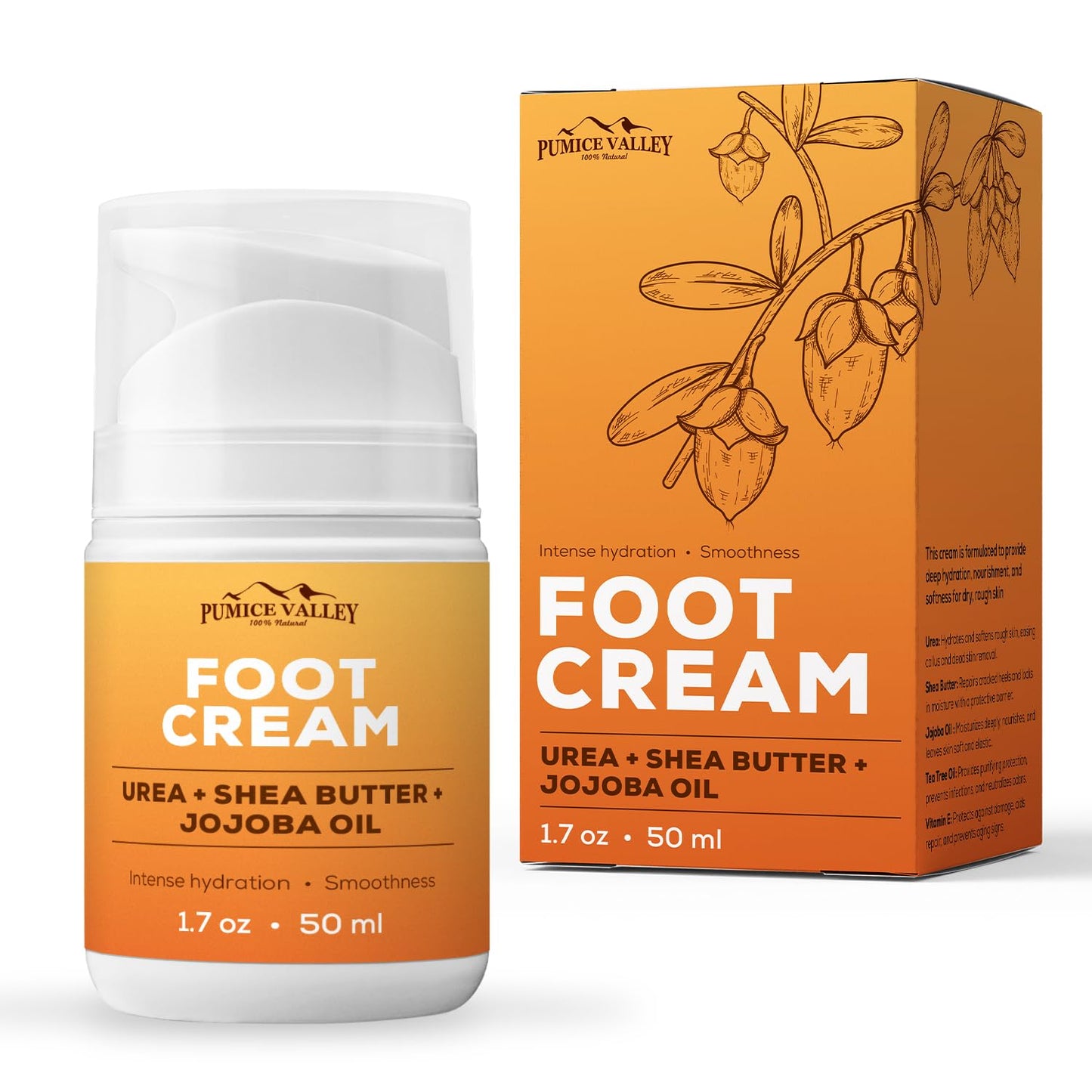 Pumice Valley Foot Cream for Dry Cracked Feet and Heels - Natural Moisturizer, Corn, Calluses Treatment - Skin, Body Lotion, Urea, Shea Butter, Jojoba Oil, Vitamin E 1.7 Oz